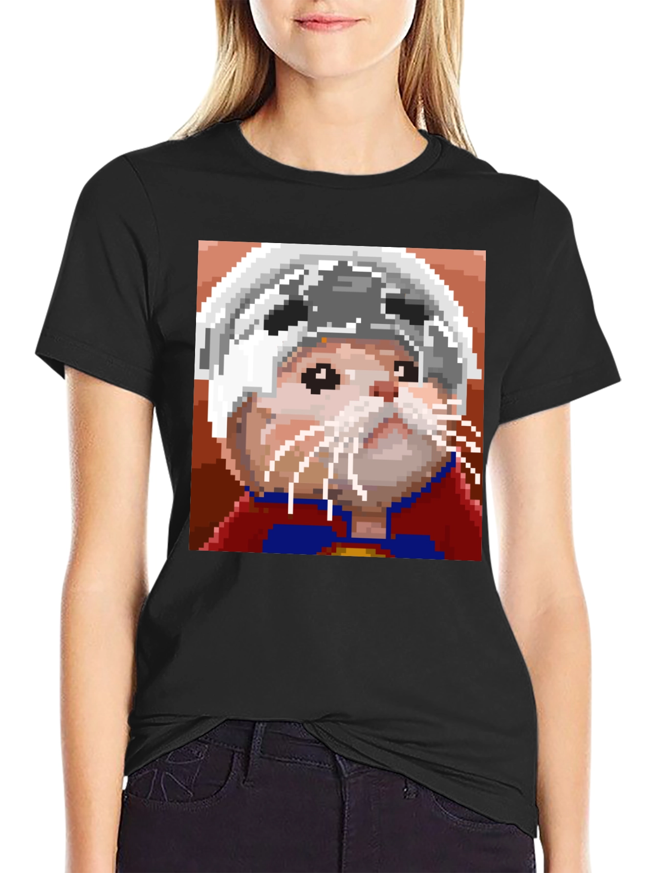 Black Pixel Art Hamster Hero T-Shirt view 2