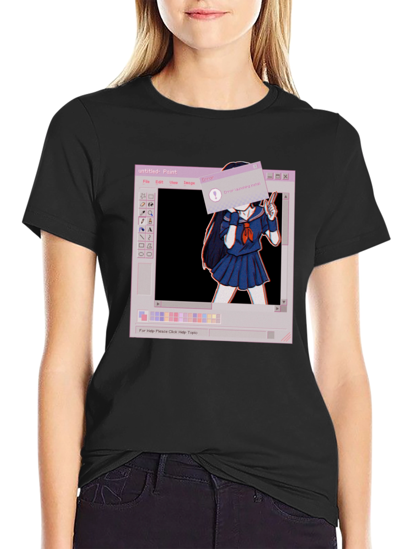 Black Aesthetic Anime Paint Error Black T-Shirt view 2