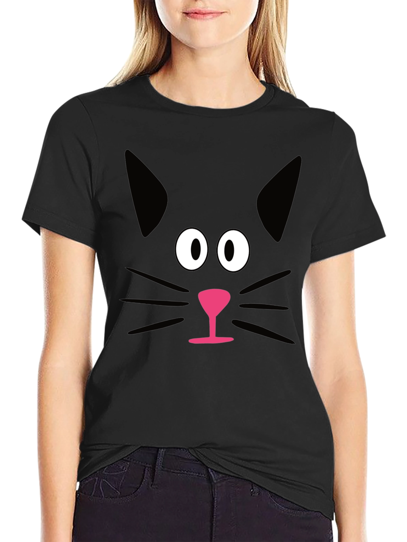 Black Funny Black Cat Face Graphic T-Shirt view 2