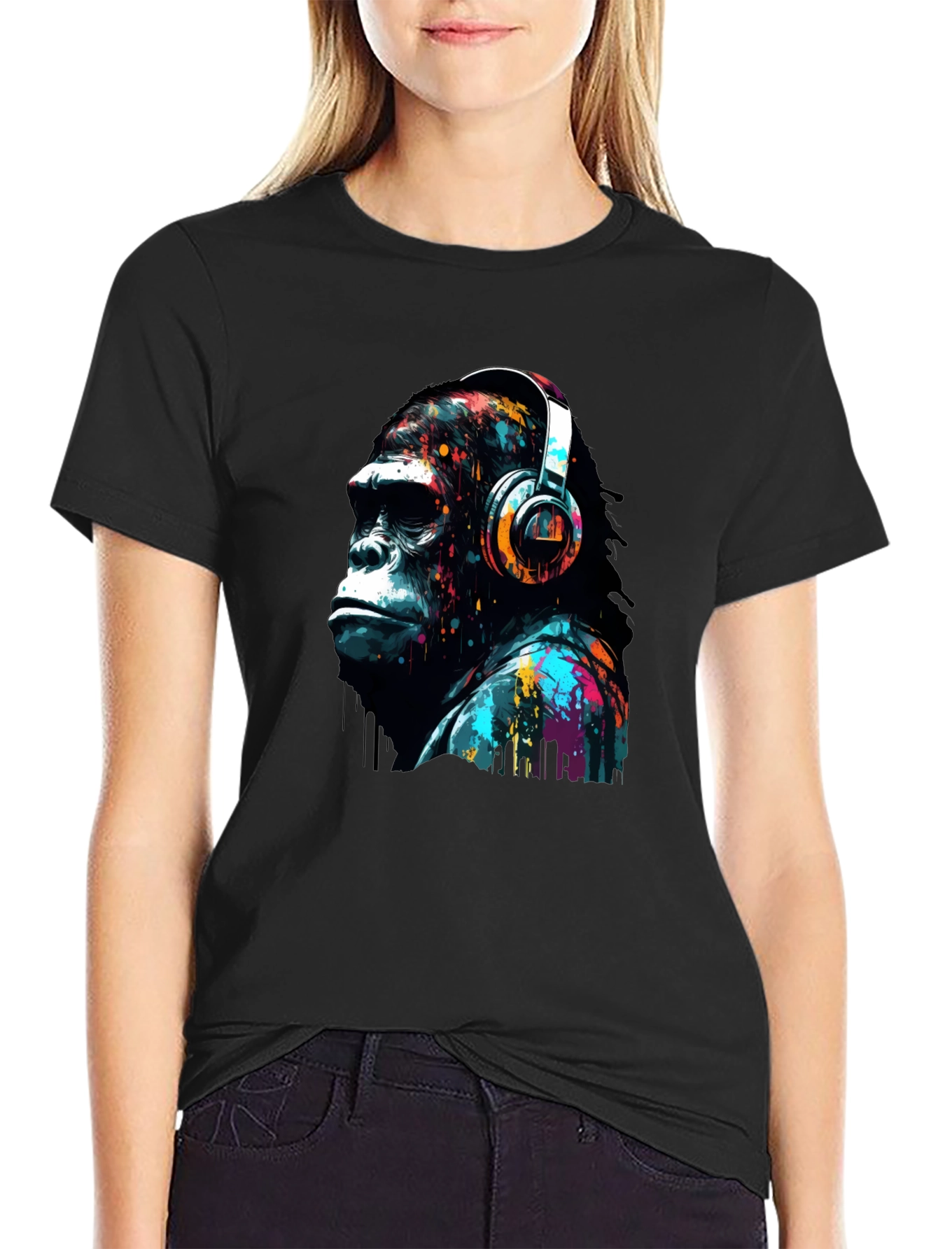 Black Gorilla Headphone Graphic Print Black T-Shirt view 2