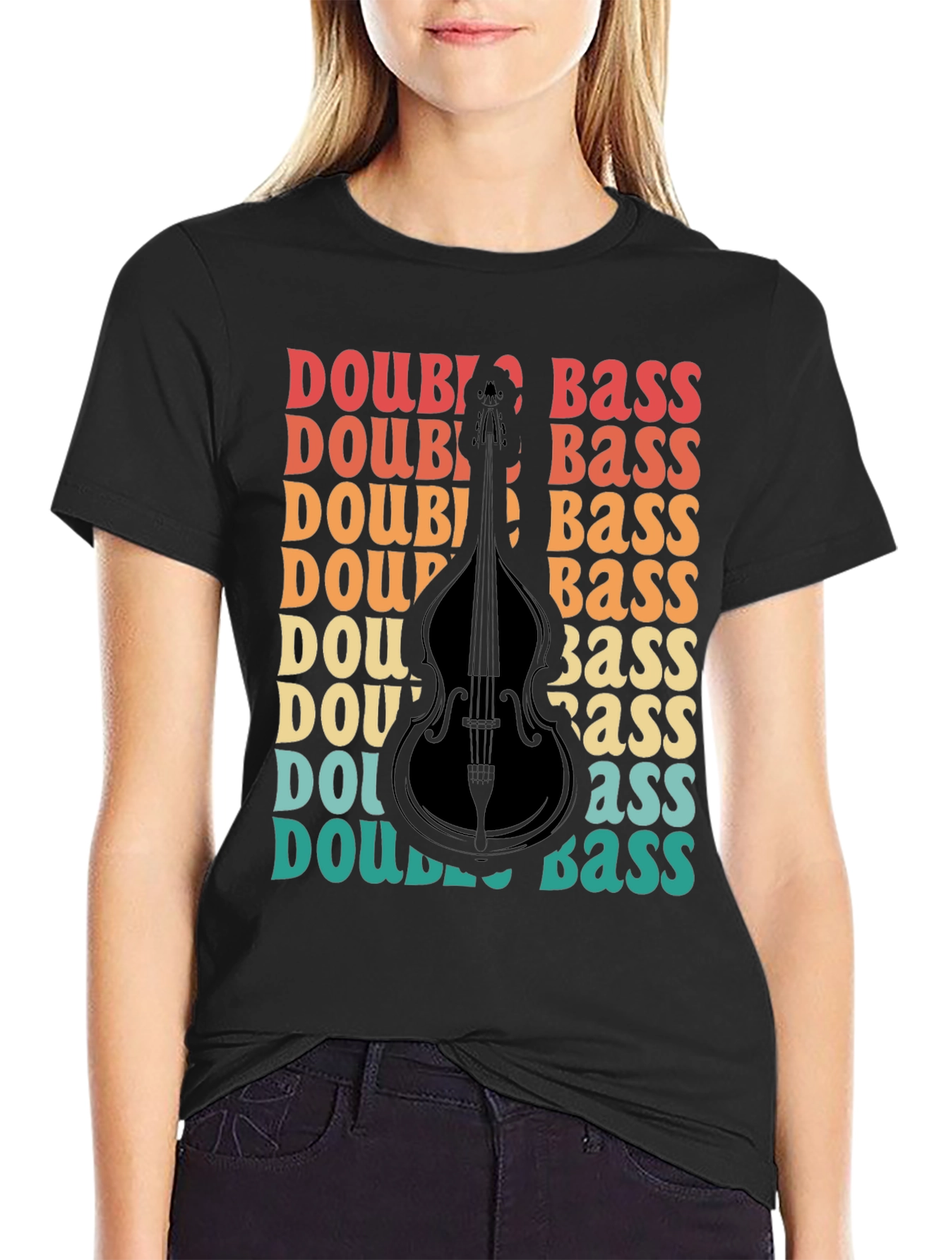 Black Double Bass Graphic T-Shirt Retro Style Musician Tee view 2