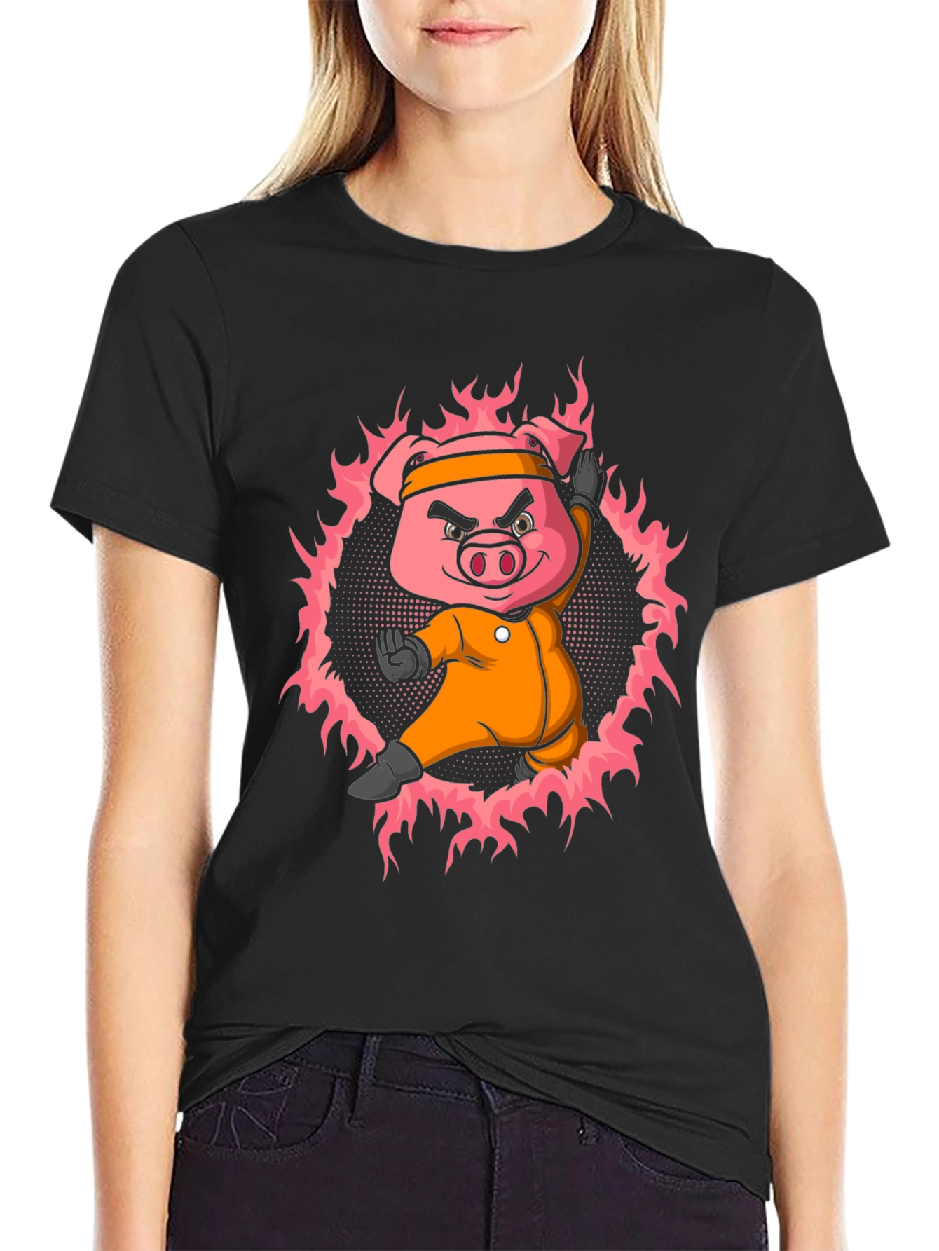 Black Karate Pig T-Shirt - Black Cotton Tee view 2