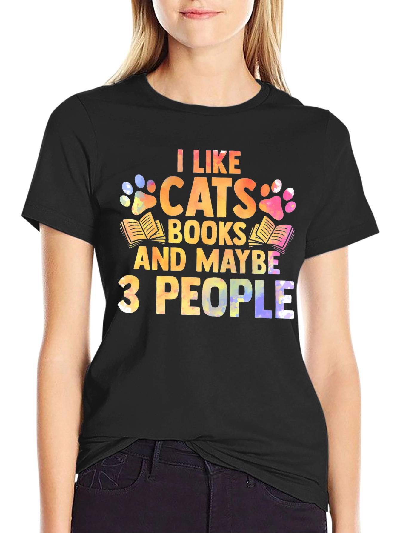 Black I Like Cats Books & Maybe 3 People Unisex T-Shirt view 2