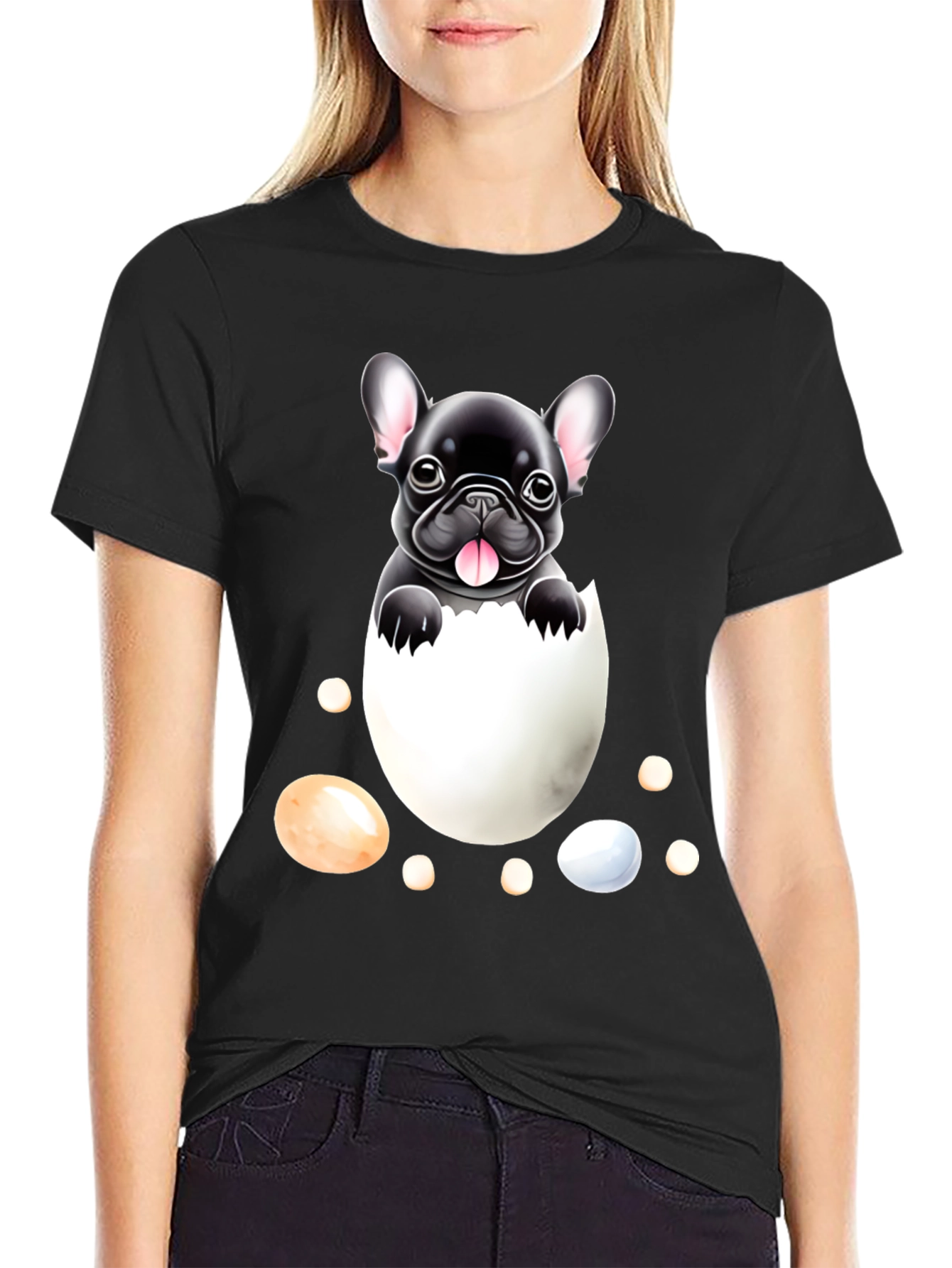 Black Bulldog Puppy in Egg Graphic Tee view 2