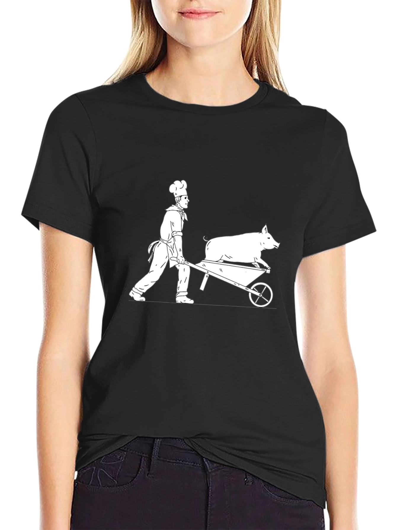 Black Chef Pig Wheelbarrow Graphic Tee view 2