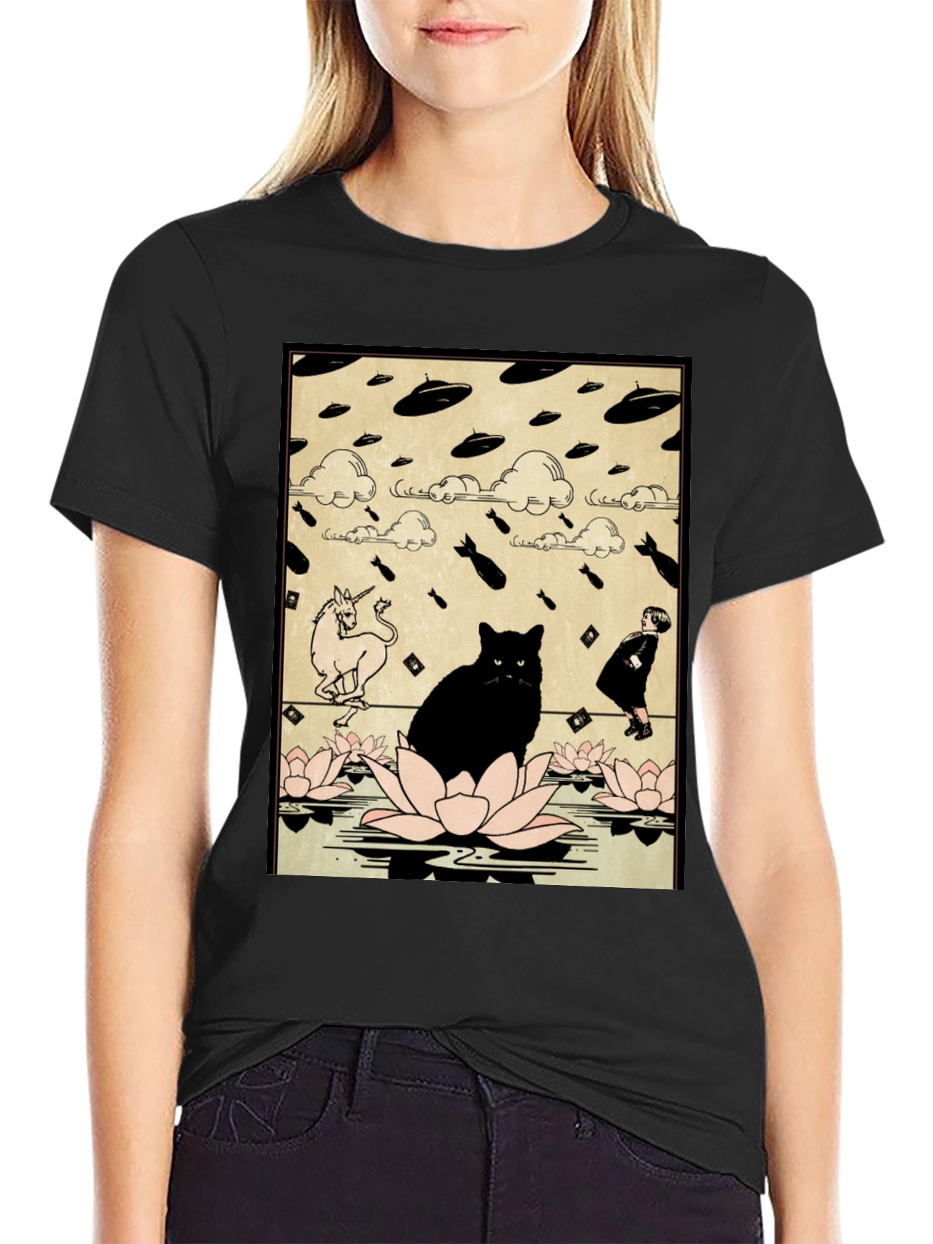 Black Cat & Unicorn Invasion T-Shirt - Funny Graphic Tee view 2