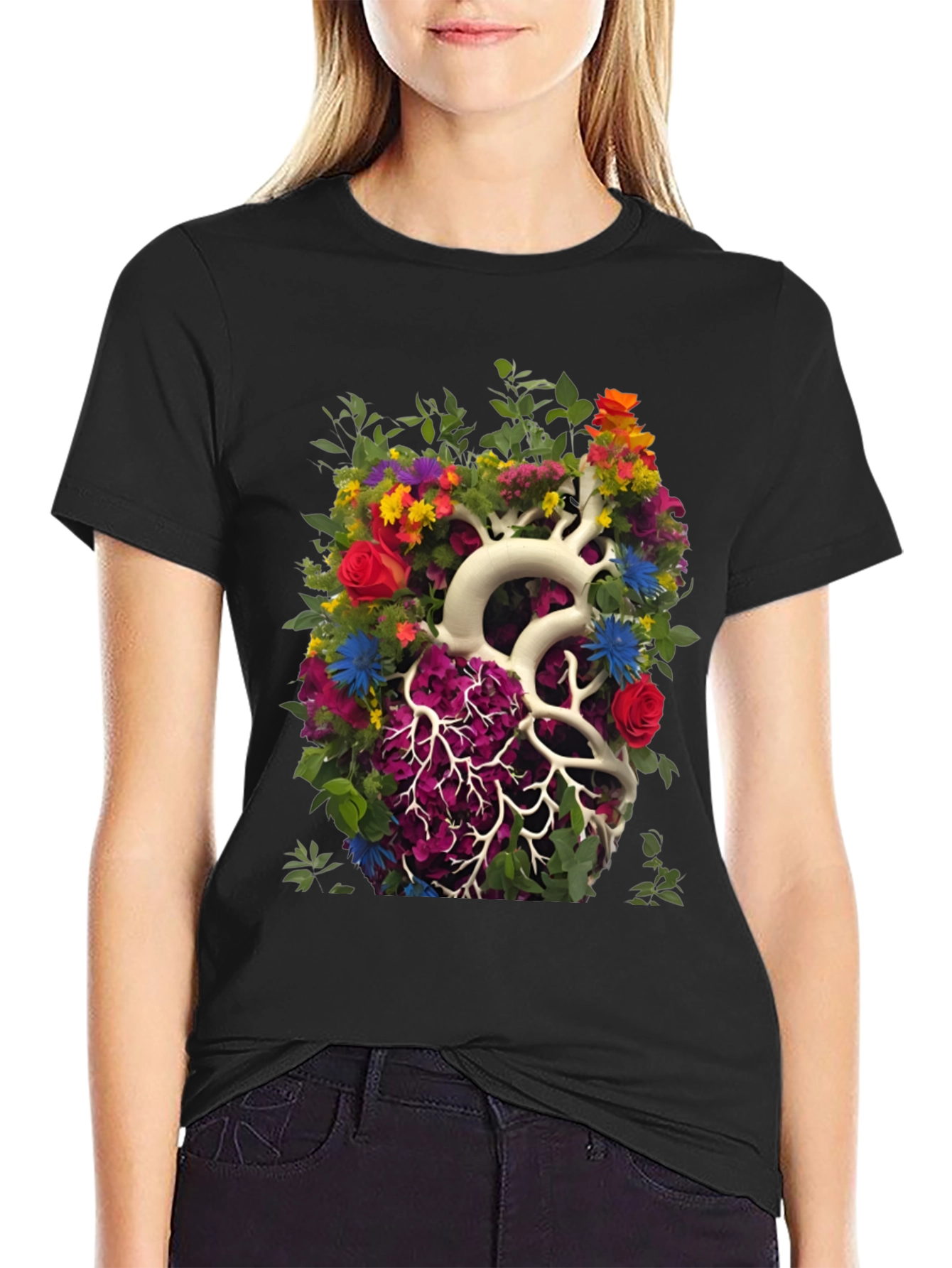 Black Floral Heart Anatomy T-Shirt - Unique Graphic Tee view 2