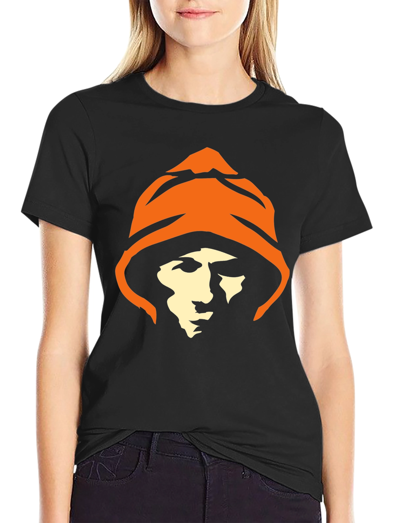 Black Hooded Figure Graphic Tee - Black Cotton T-Shirt view 2