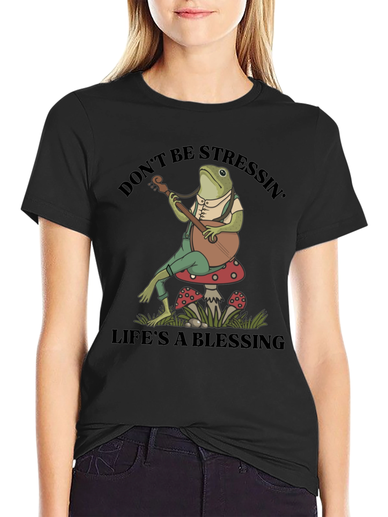 Black Relaxed Frog T-Shirt: Don't Stress, Life's a Blessing view 2