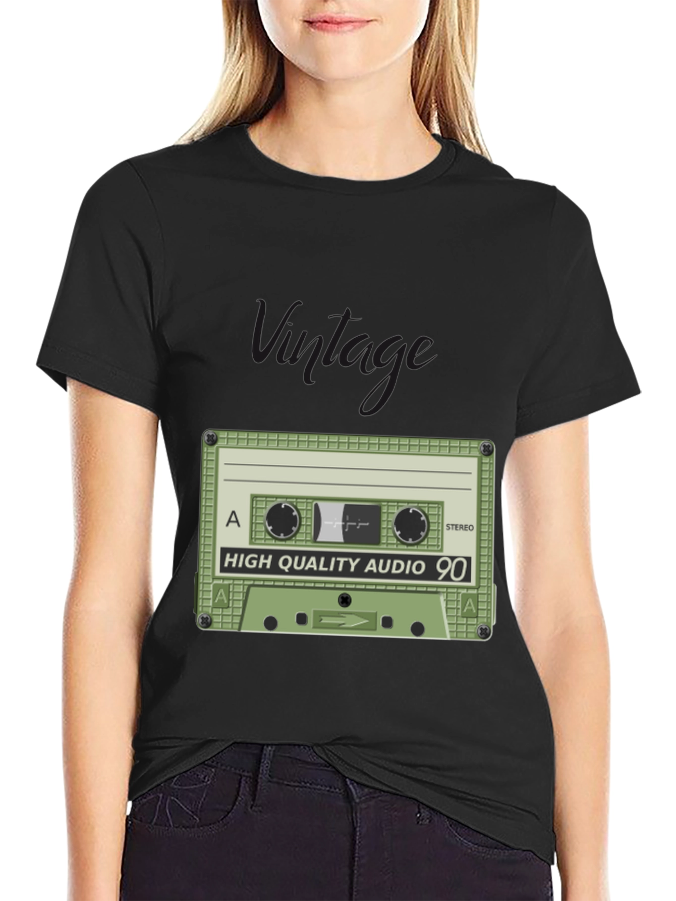 Black Retro Cassette Tape Black T-Shirt - High Quality Audio 90 view 2