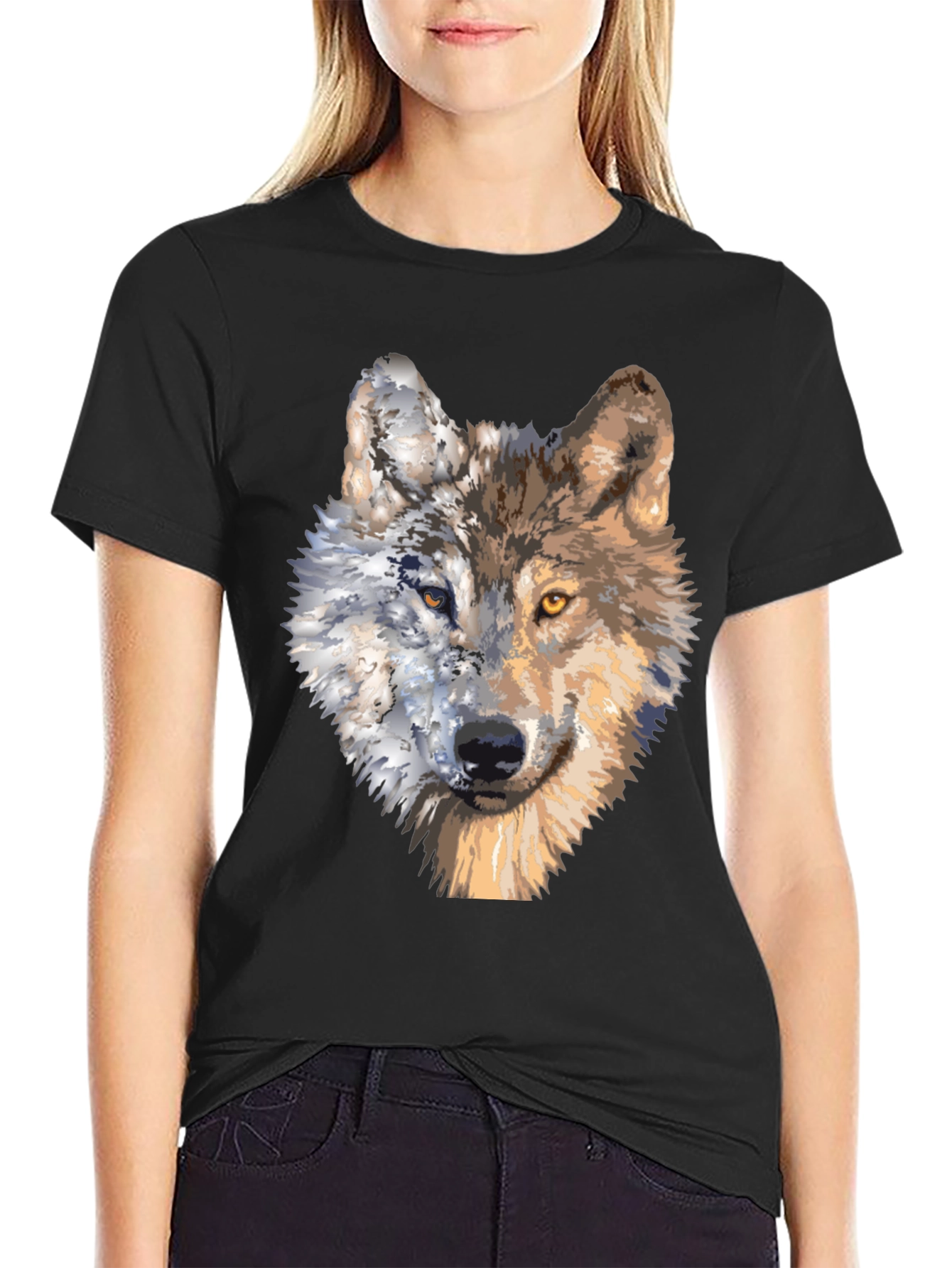 Black Wolf Portrait Graphic Tee - Unique Two-Faced Design view 2