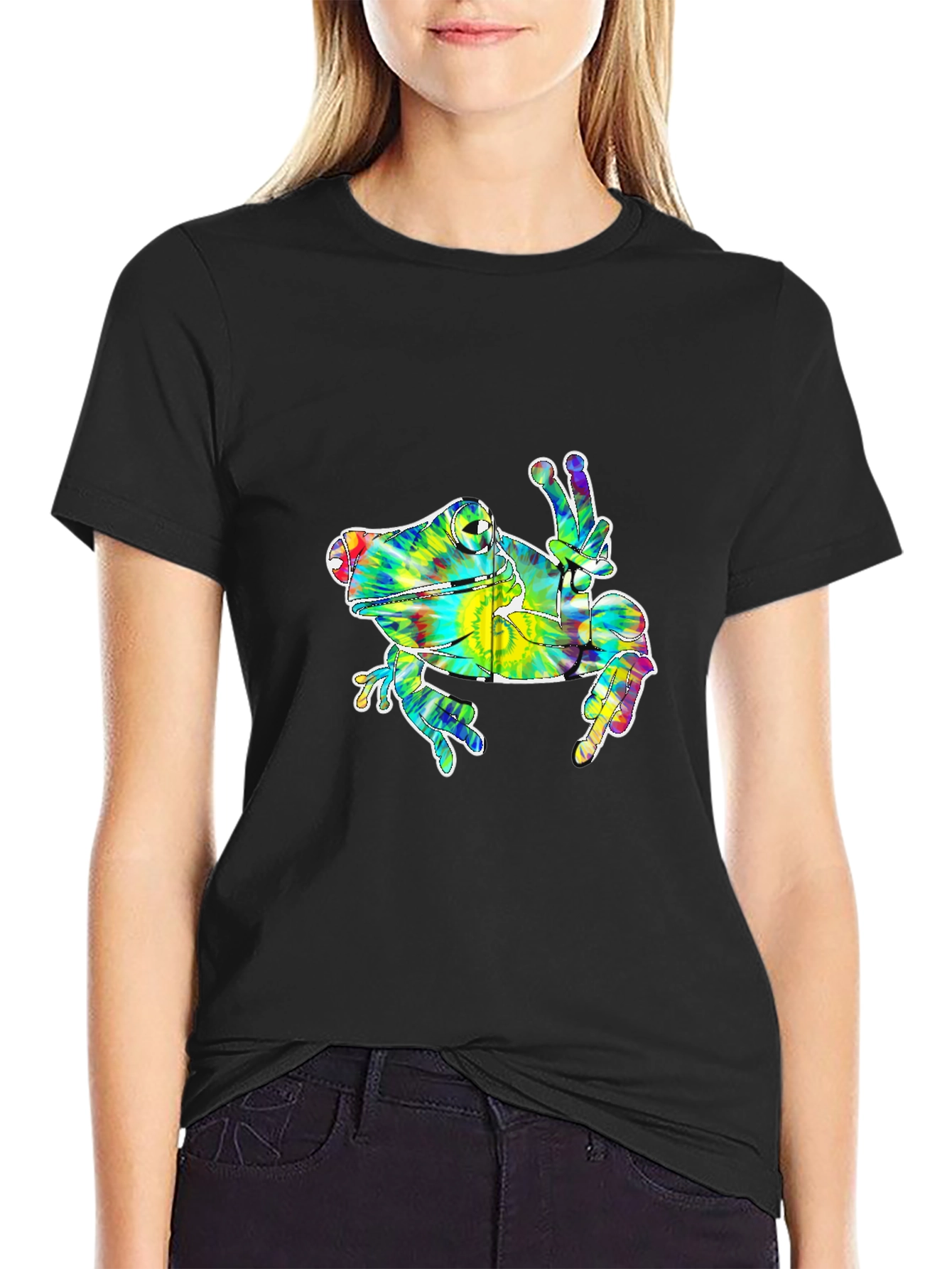 Black Tie Dye Frog Peace Sign Graphic T-Shirt view 2