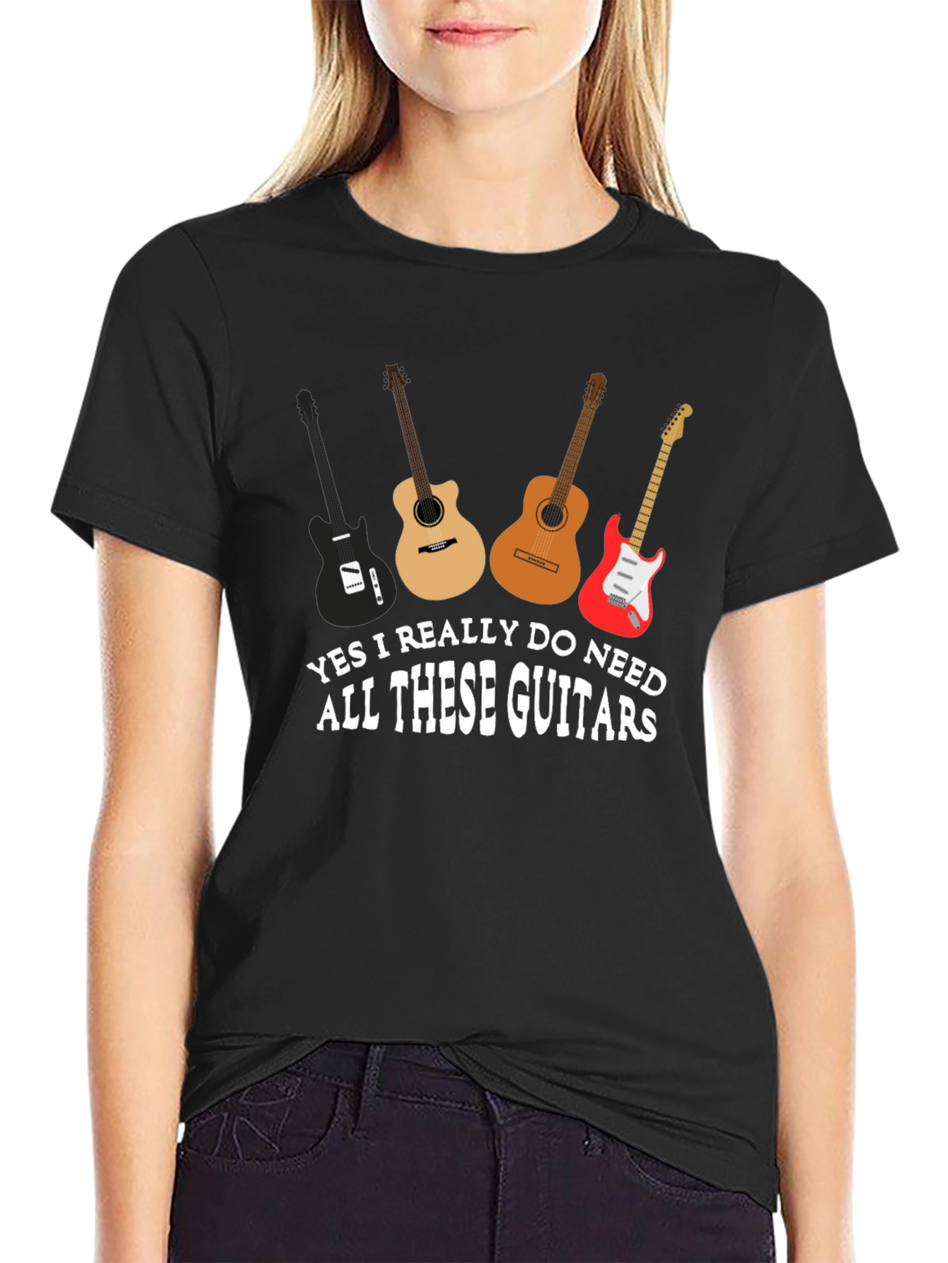 Black Guitar Lover T-Shirt: I Need All These Guitars Graphic Tee view 2