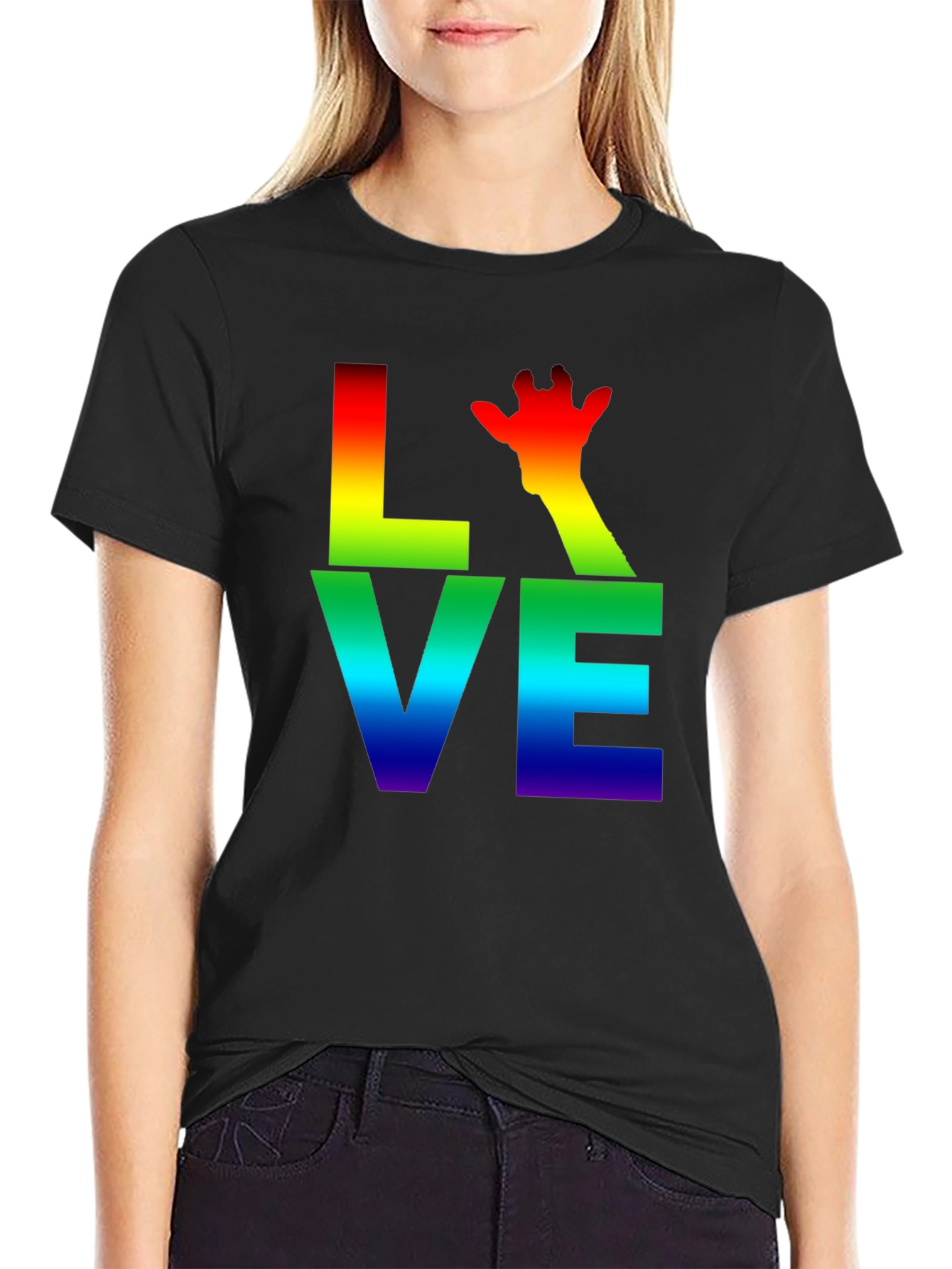 Black Rainbow LOVE Giraffe Graphic T-Shirt view 2