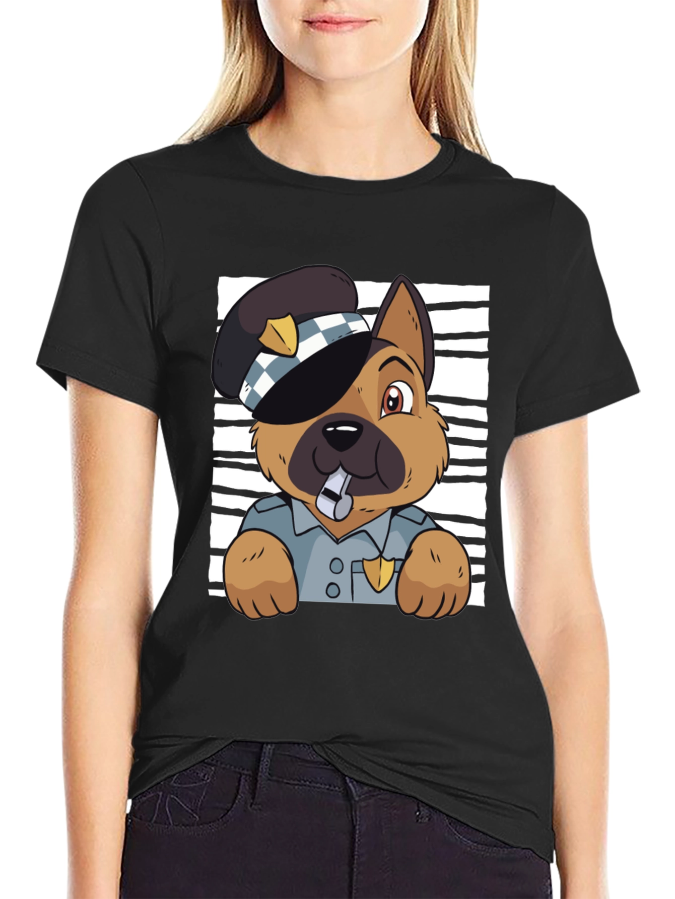 Black Police Dog Graphic T-Shirt - Cute Cartoon Design view 2