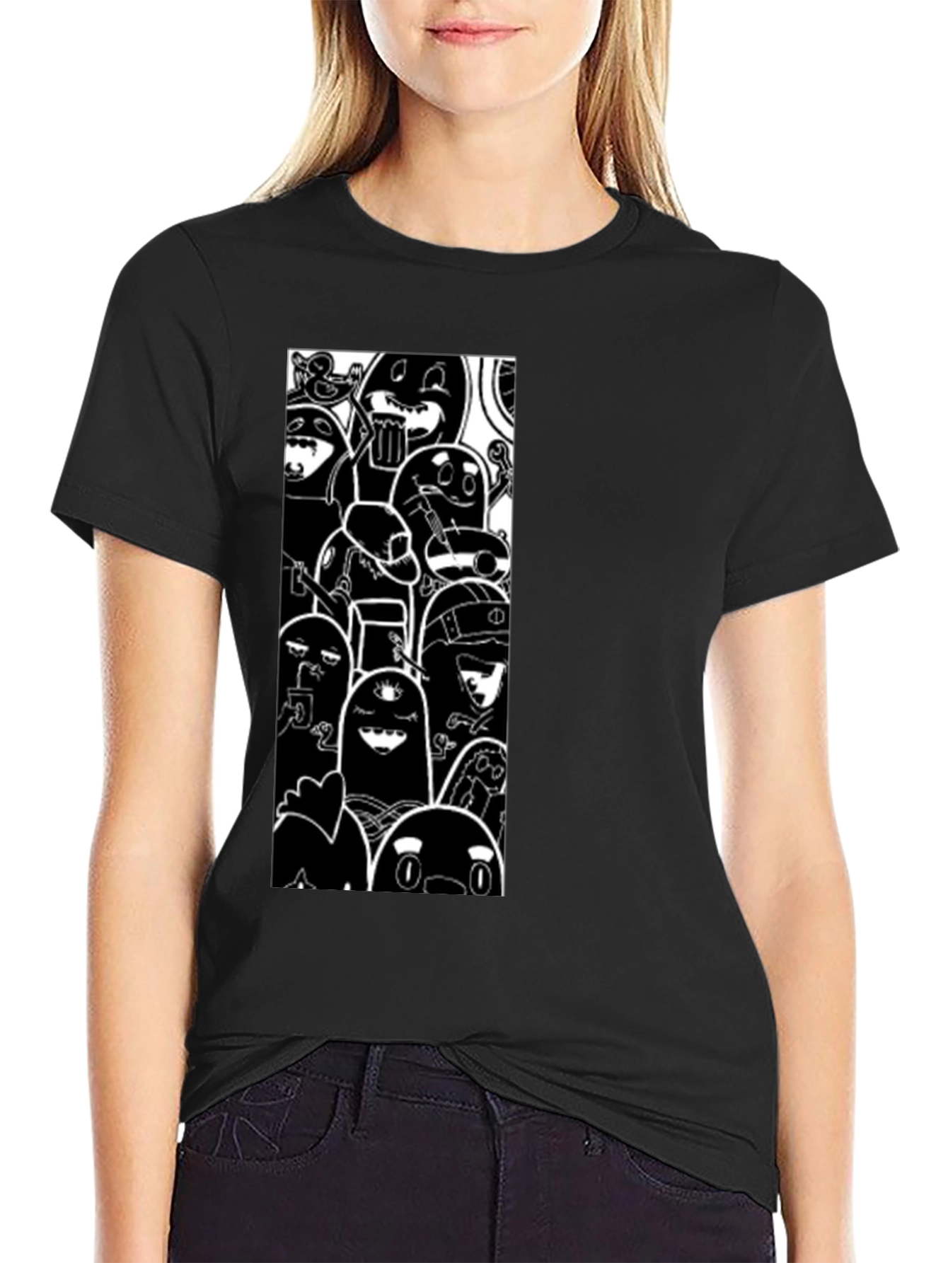 Black Cartoon Character Graphic Print Black T-Shirt view 2