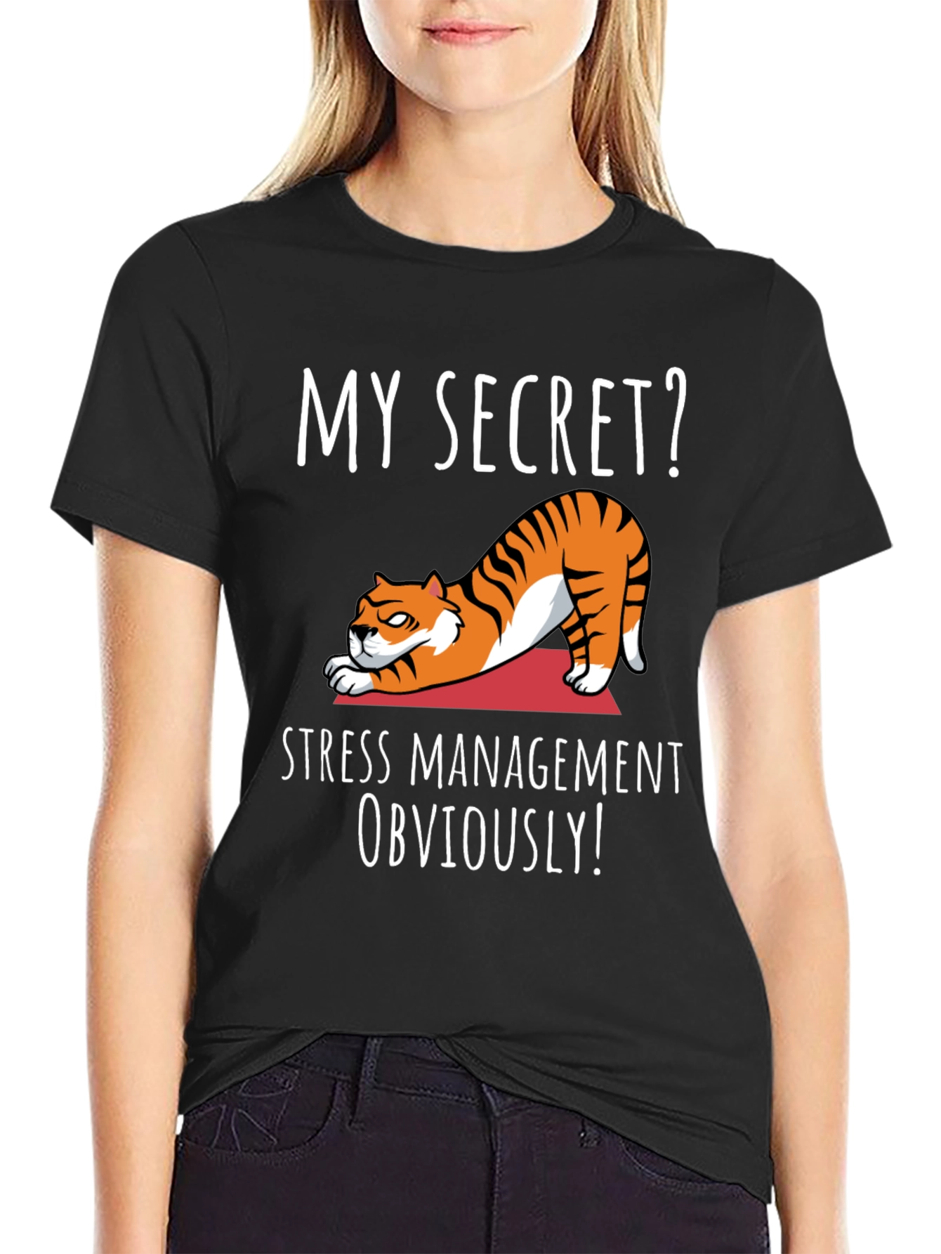 Black Funny Yoga Cat T-Shirt - My Secret? Stress Management Obviously! view 2