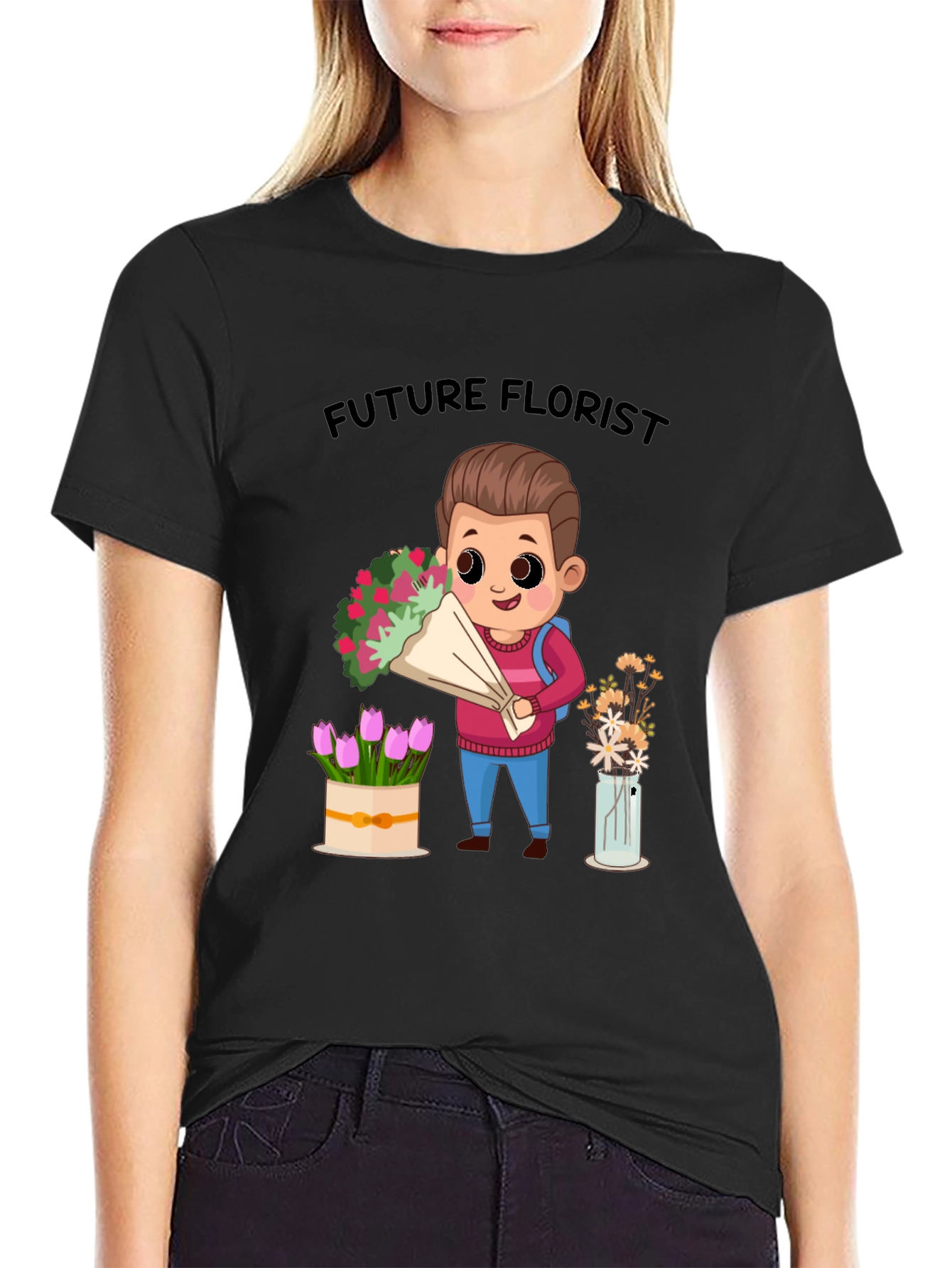 Black Future Florist Graphic T-Shirt - Cute Floral Design view 2