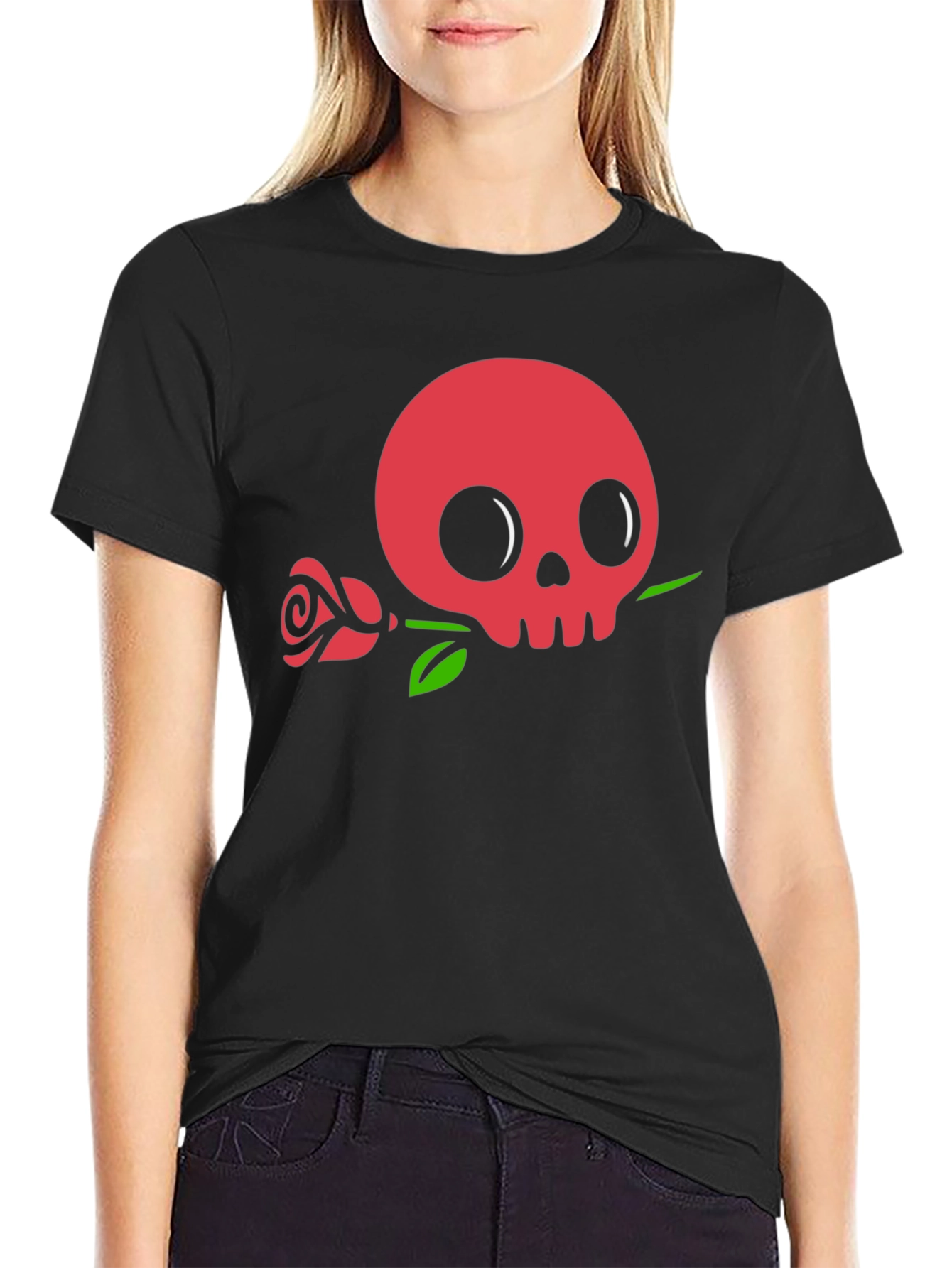 Black Skull & Rose Graphic Tee - Black Cotton Casual view 2