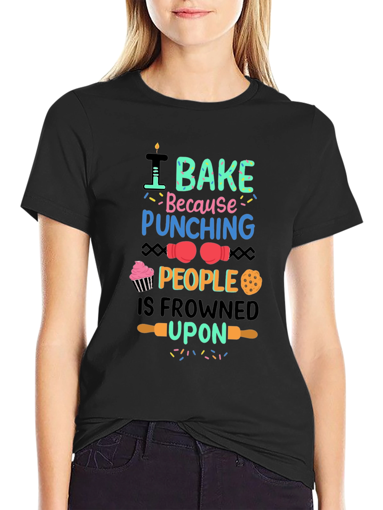 Black I Bake Because Punching People is Frowned Upon Funny T-Shirt view 2