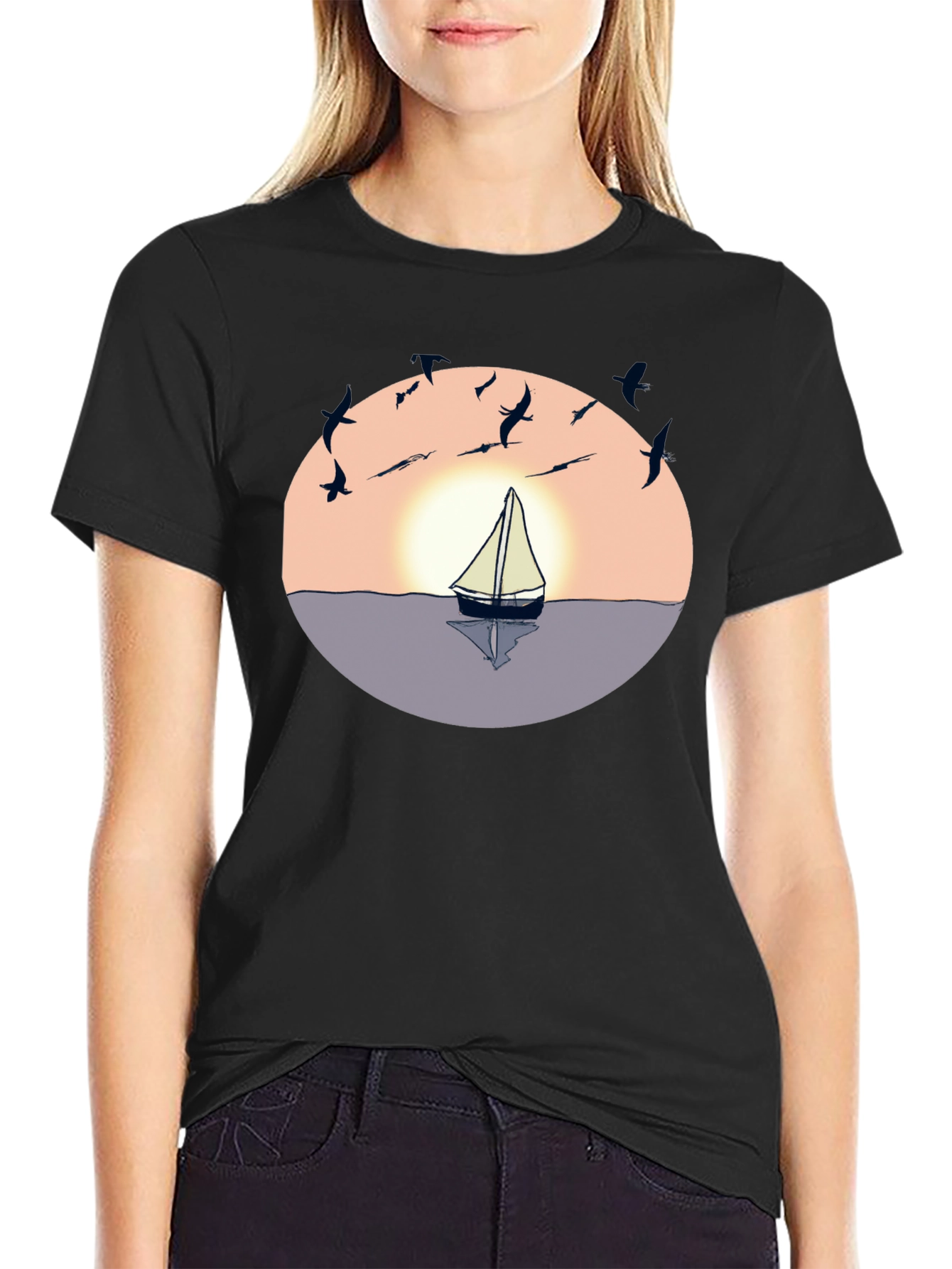Black Sunset Sailboat Graphic Tee - Black Cotton Blend view 2