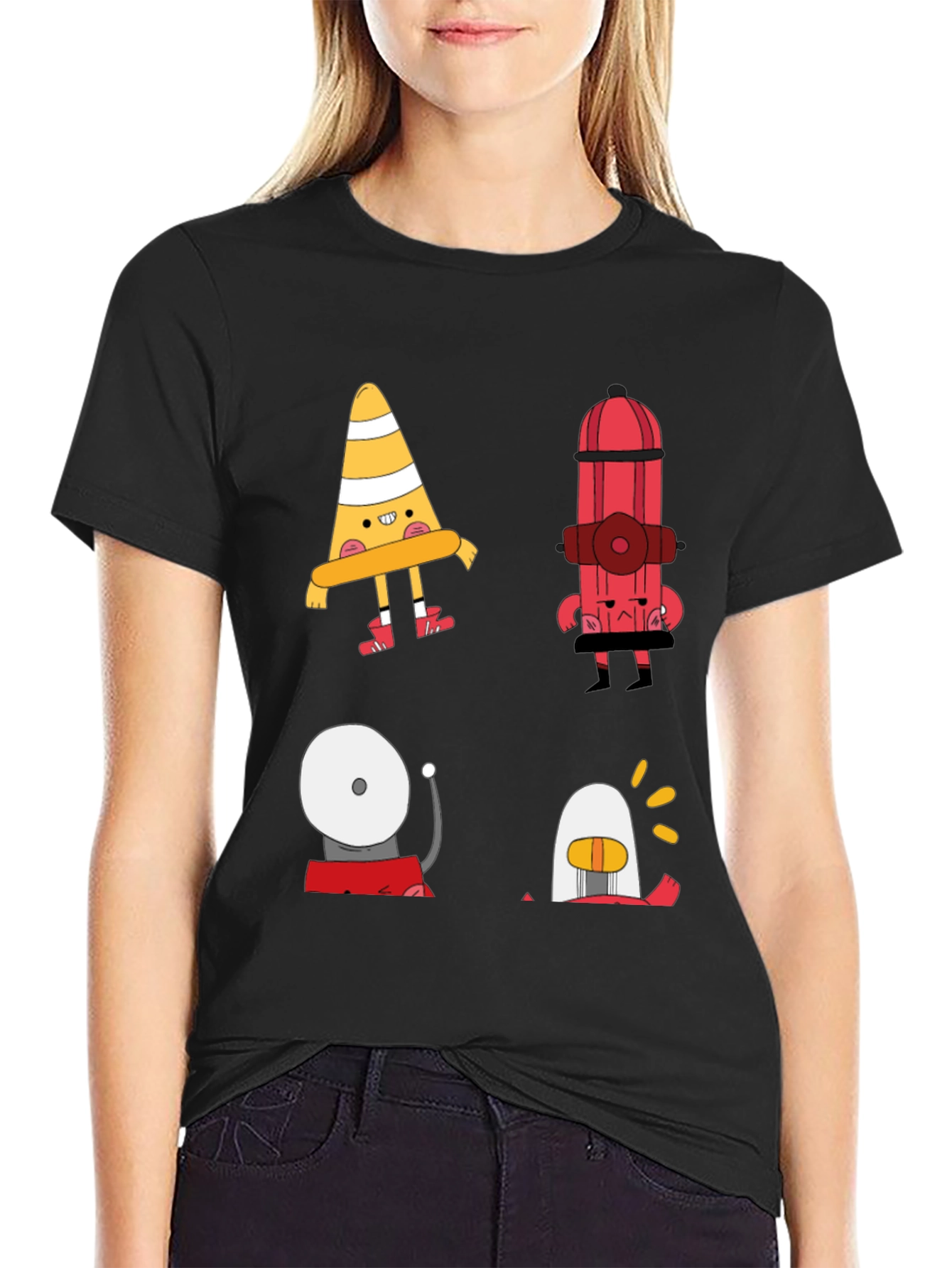Black Cartoon Fire Safety Black T-Shirt view 2