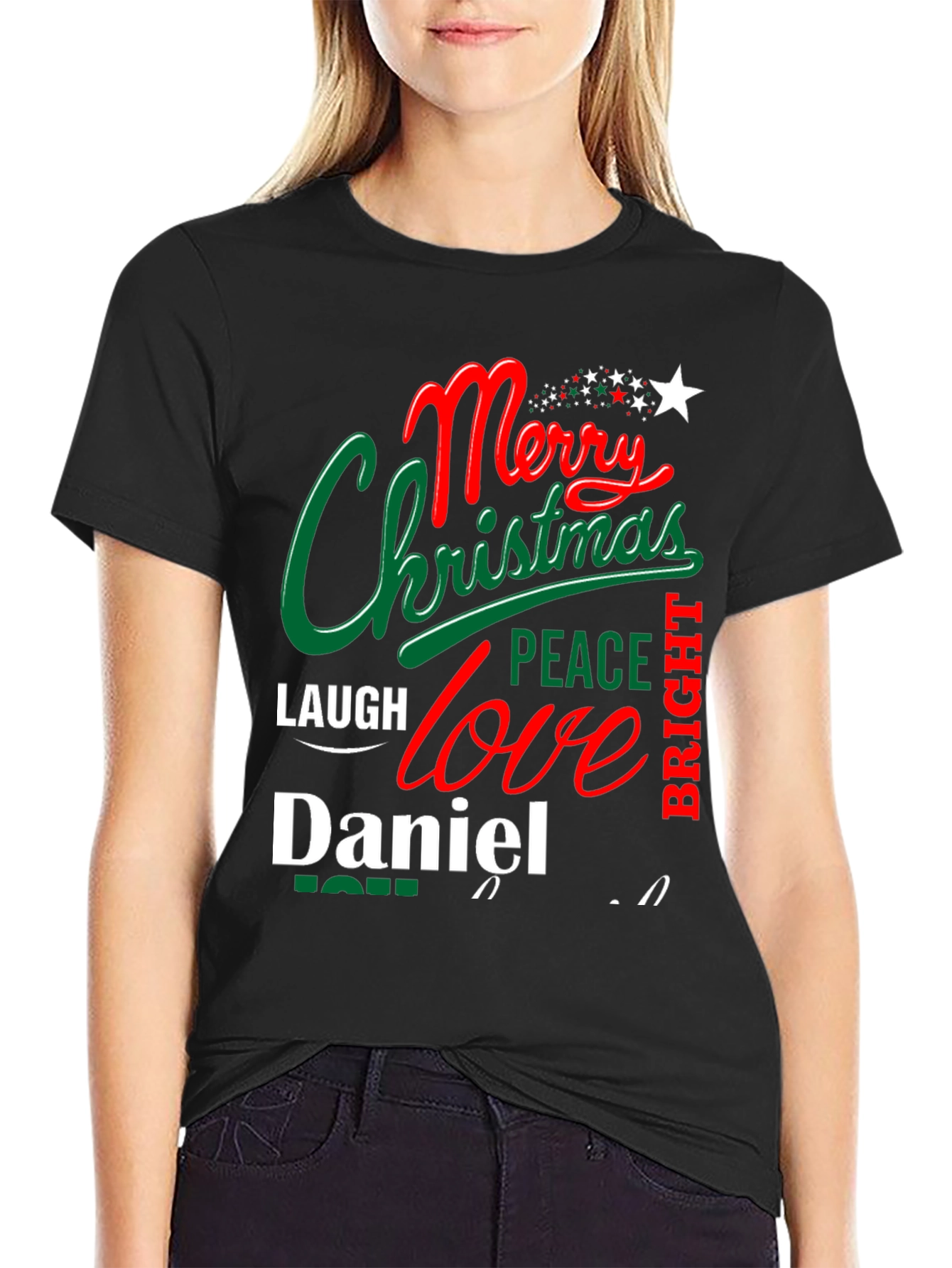 Black Merry Christmas Daniel T-Shirt - Holiday Festive Tee view 2