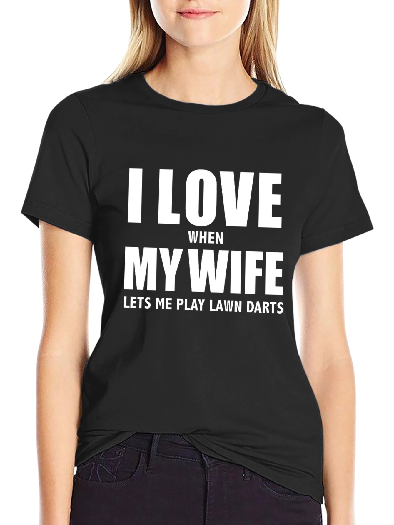 Black I Love My Wife Funny Lawn Darts T-Shirt view 2