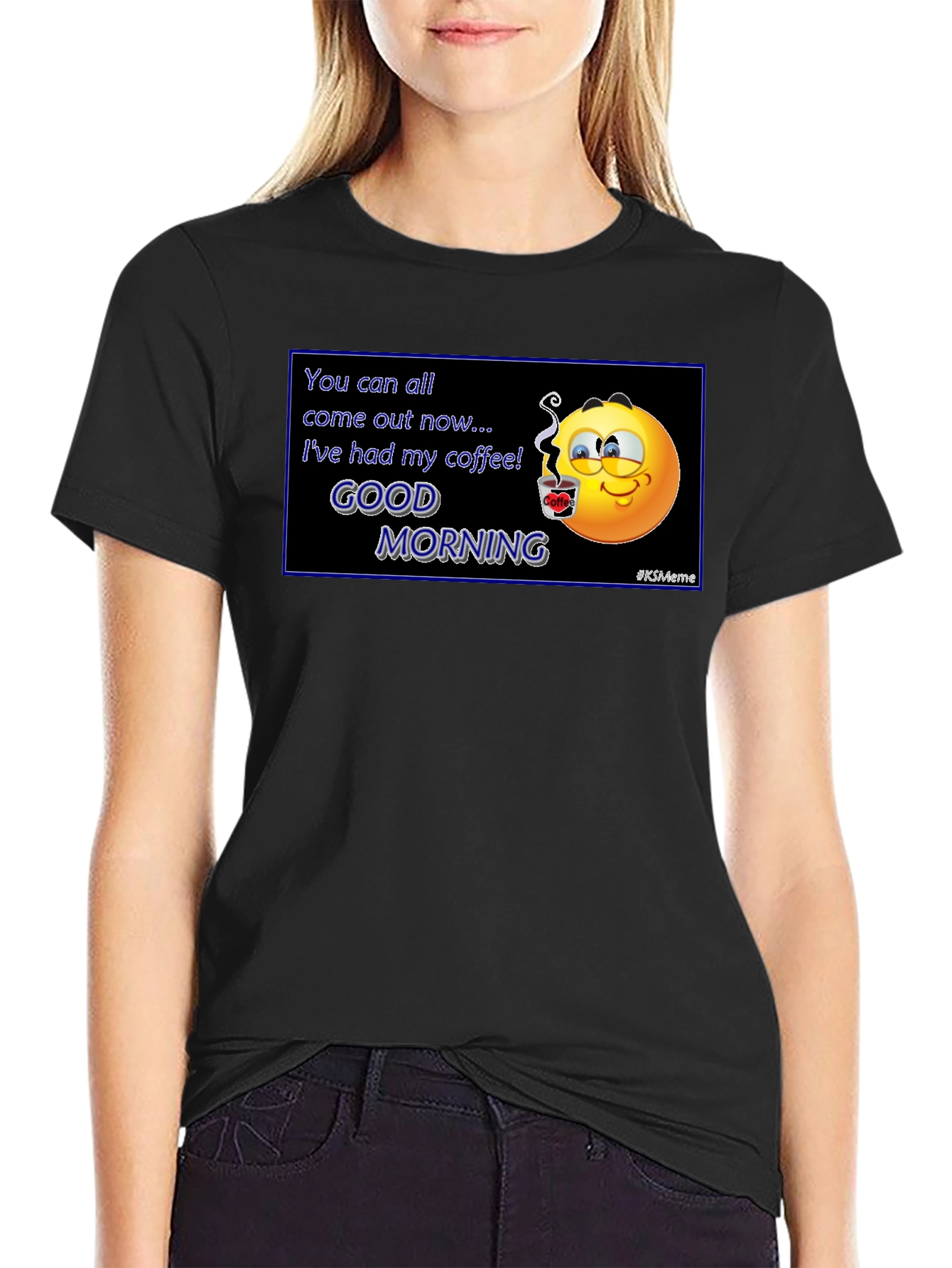 Black Funny Coffee Emoji T-Shirt - Good Morning Meme Tee view 2