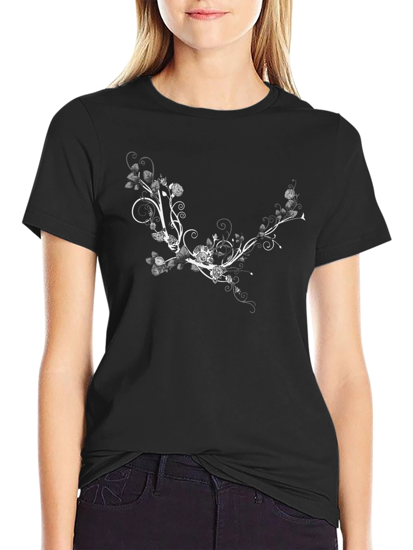 Black Floral Vine Graphic T-Shirt - Stylish Black Tee view 2