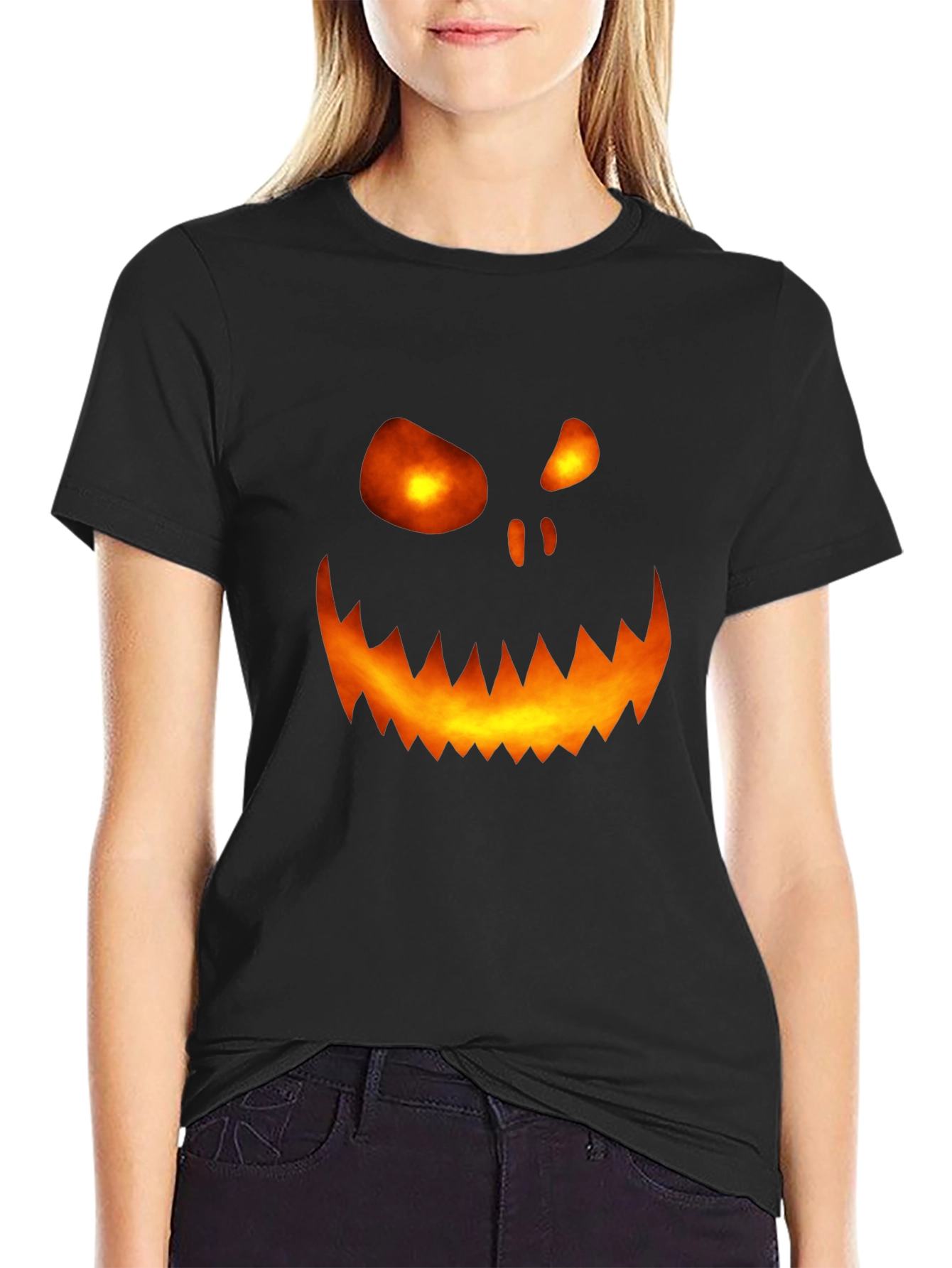 Black Halloween Pumpkin Face Graphic Tee - Scary Spooky Shirt view 2