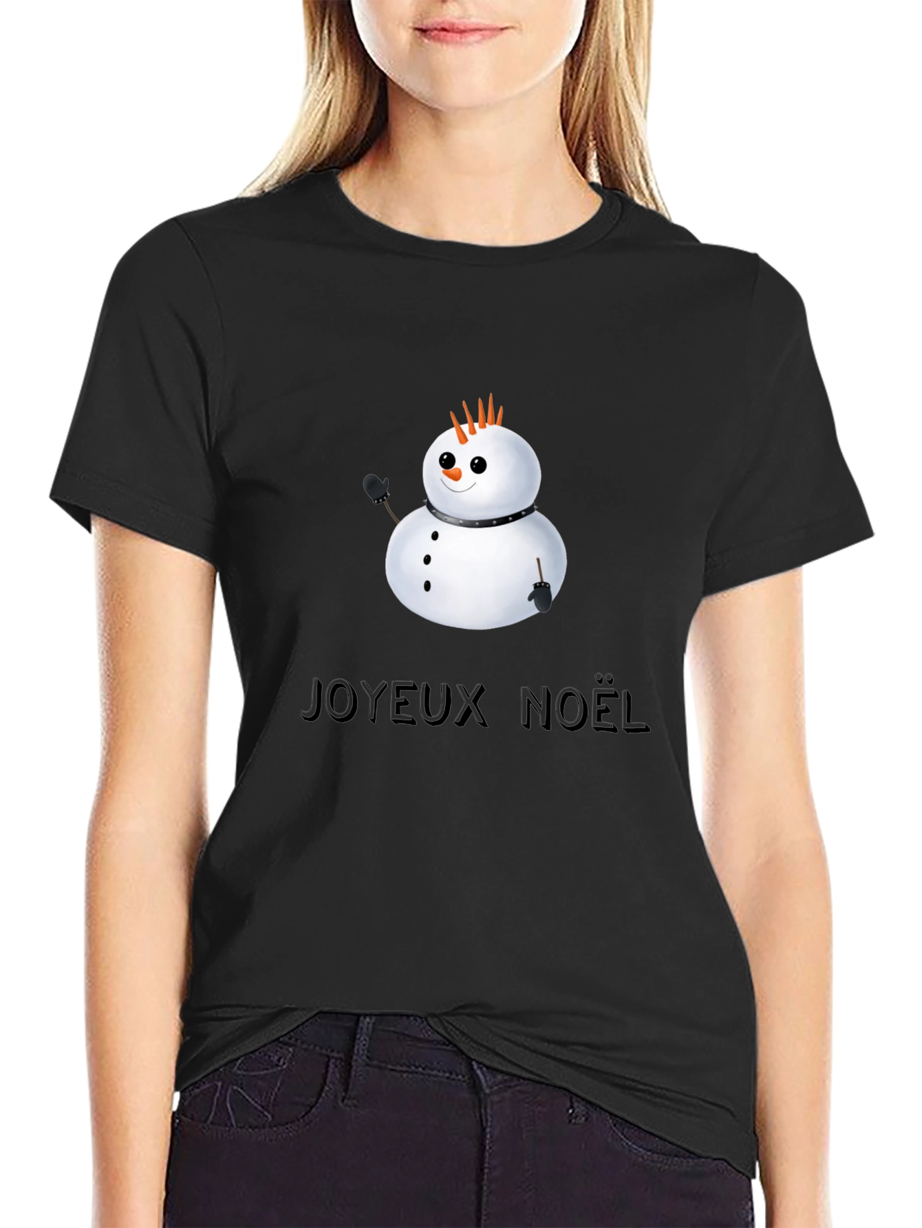 Black Joyeux Noel Snowman Black T-Shirt view 2