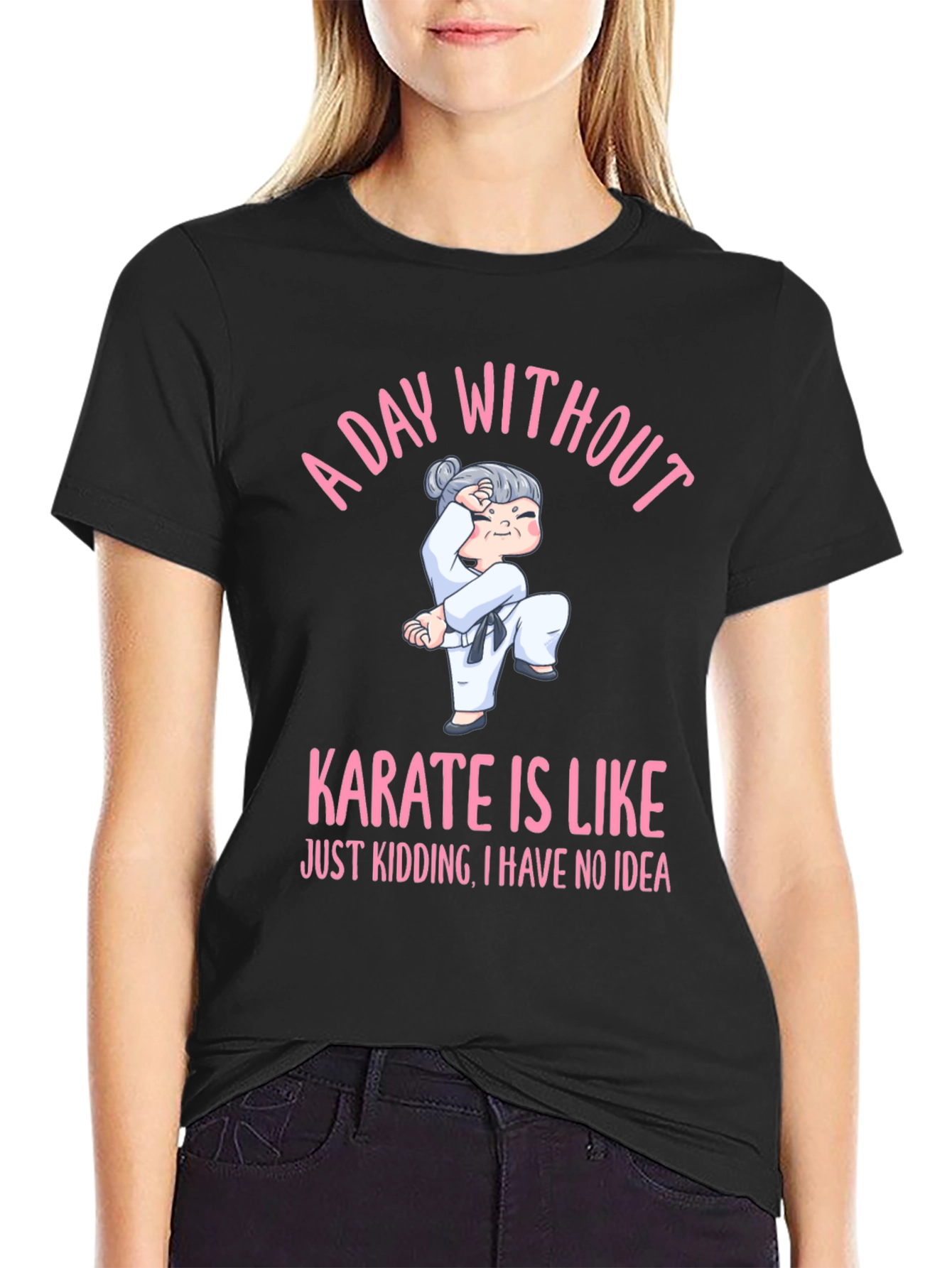 Black Karate Humor Graphic Tee:  'A Day Without Karate' Black Cotton T-Shirt view 2