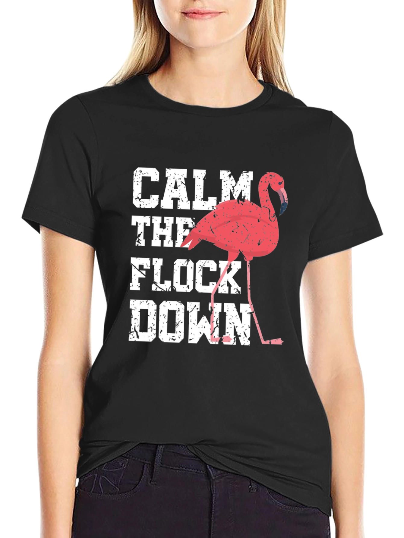 Black Calm The Flock Down Flamingo Graphic Tee view 2