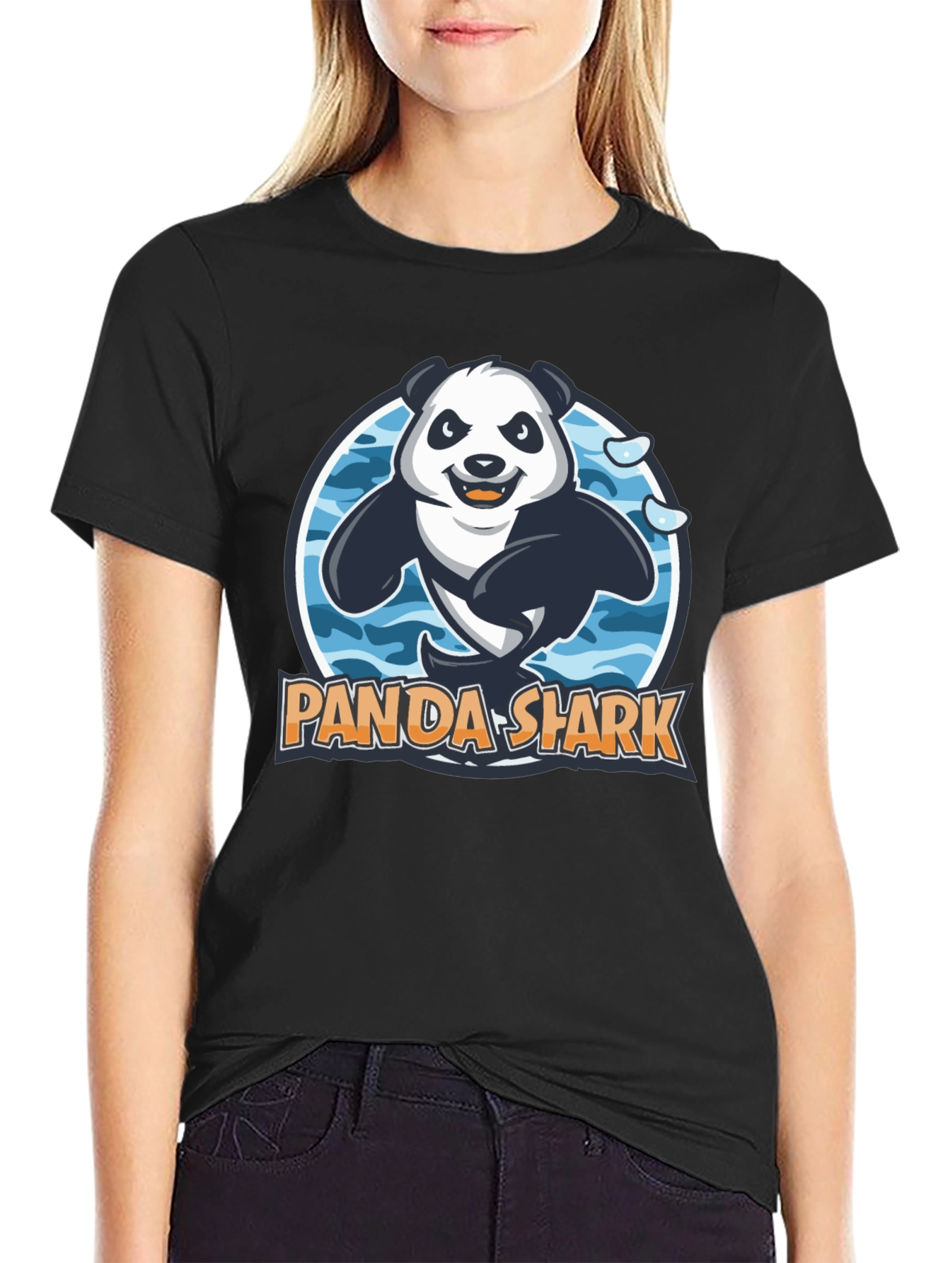 Black Panda Shark Graphic T-Shirt - Black Cotton Tee view 2