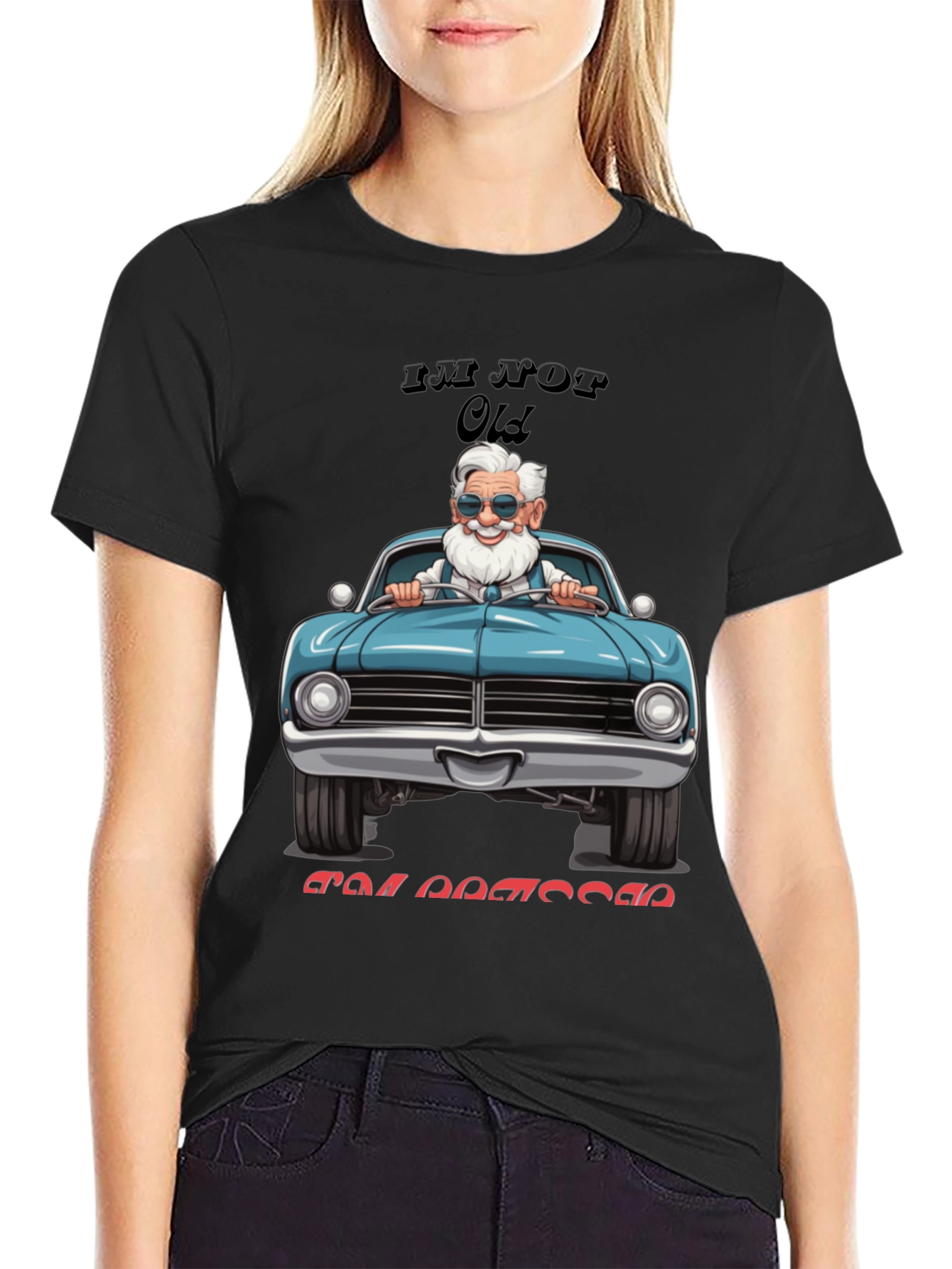 Black Funny Old Man Driving Classic Car T-Shirt view 2