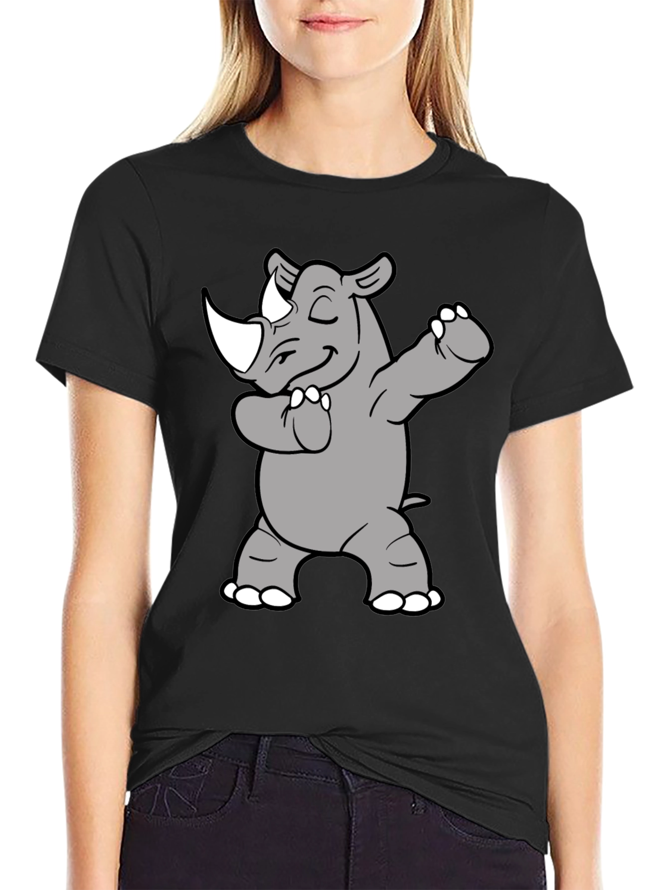 Black Dabbing Rhino Graphic Tee - Black Cotton Blend view 2