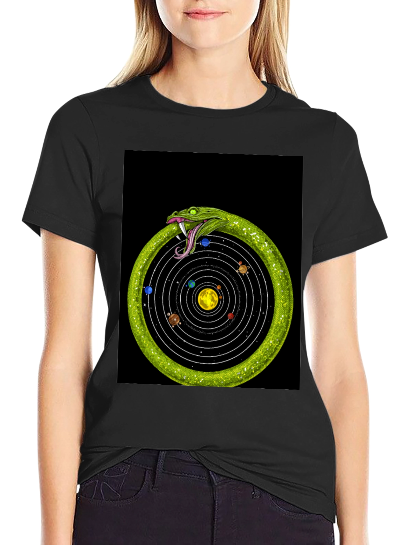 Black Ouroboros Solar System T-Shirt view 2