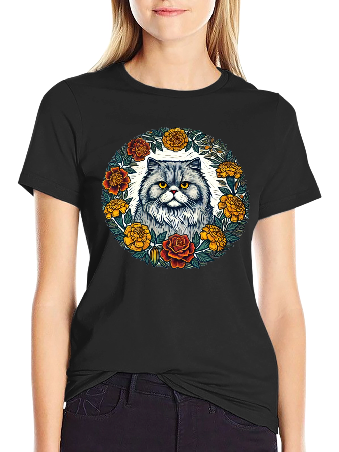 Black Cat & Floral Wreath Graphic Tee view 2