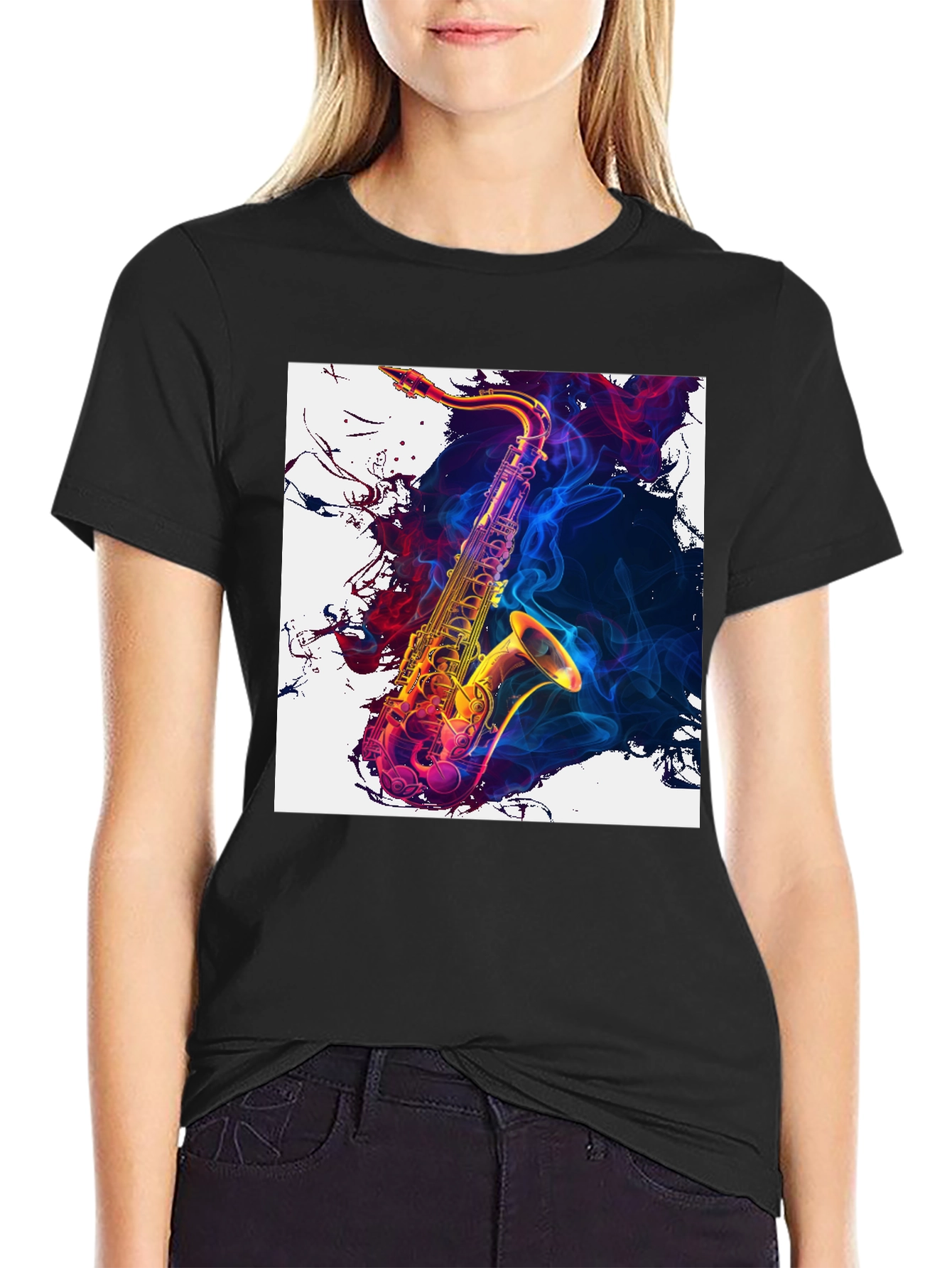 Black Saxophone Art Graphic Tee - Cool Music Lover Shirt view 2