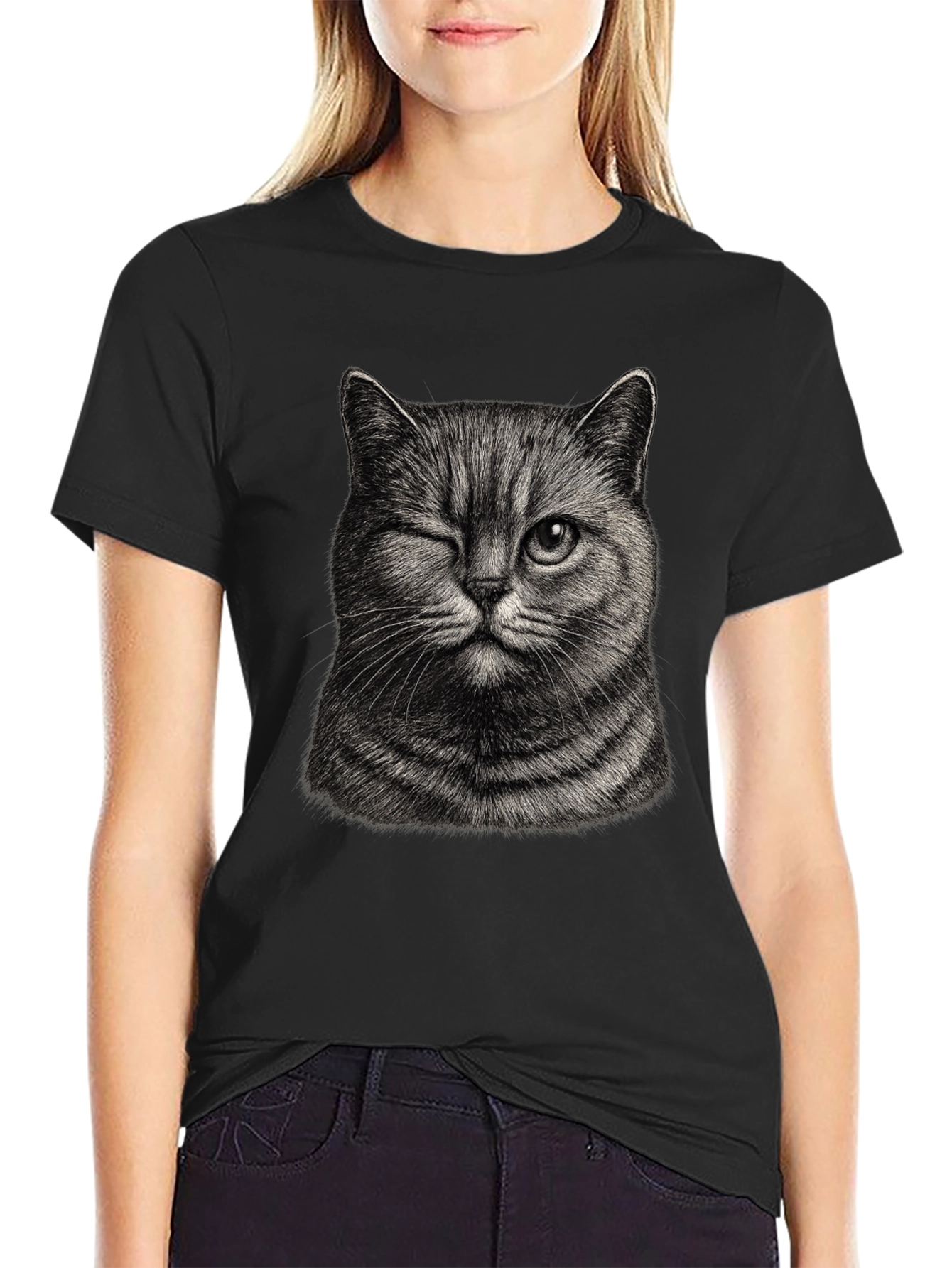 Black Winking Cat Graphic Tee - Men's Black T-Shirt view 2