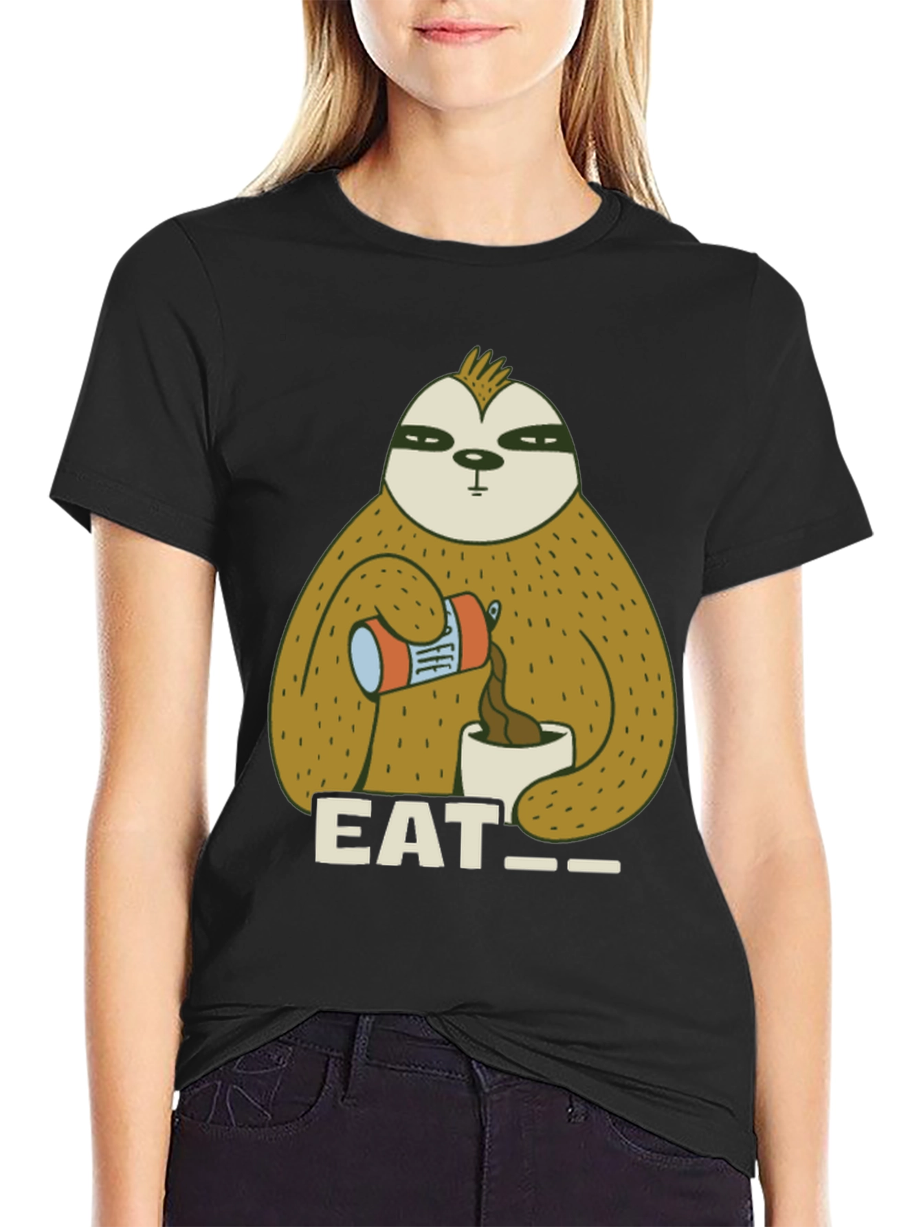 Black Eat Sloth T-Shirt - Funny Coffee Lover Tee view 2