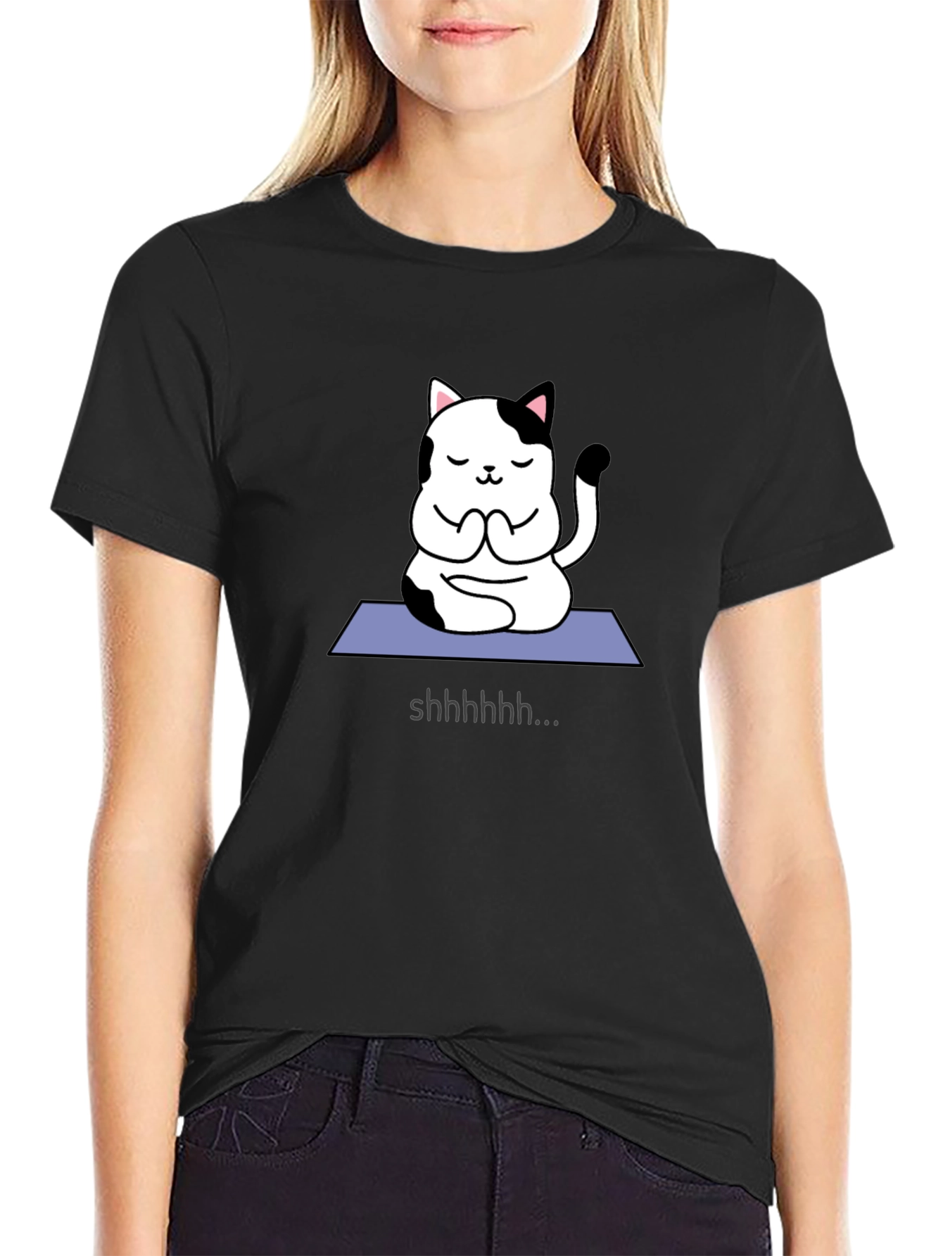 Black Zen Cat Meditation Black T-Shirt view 2