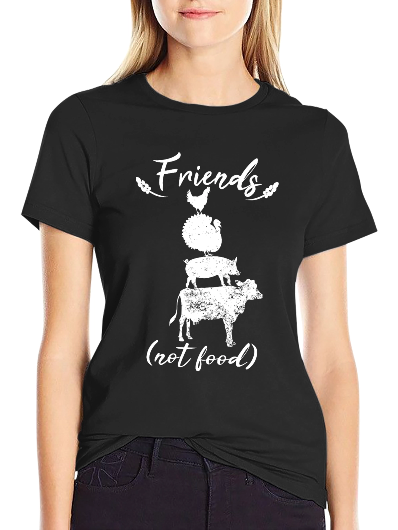 Black Vegan T-Shirt - Friends Not Food Animal Rights view 2