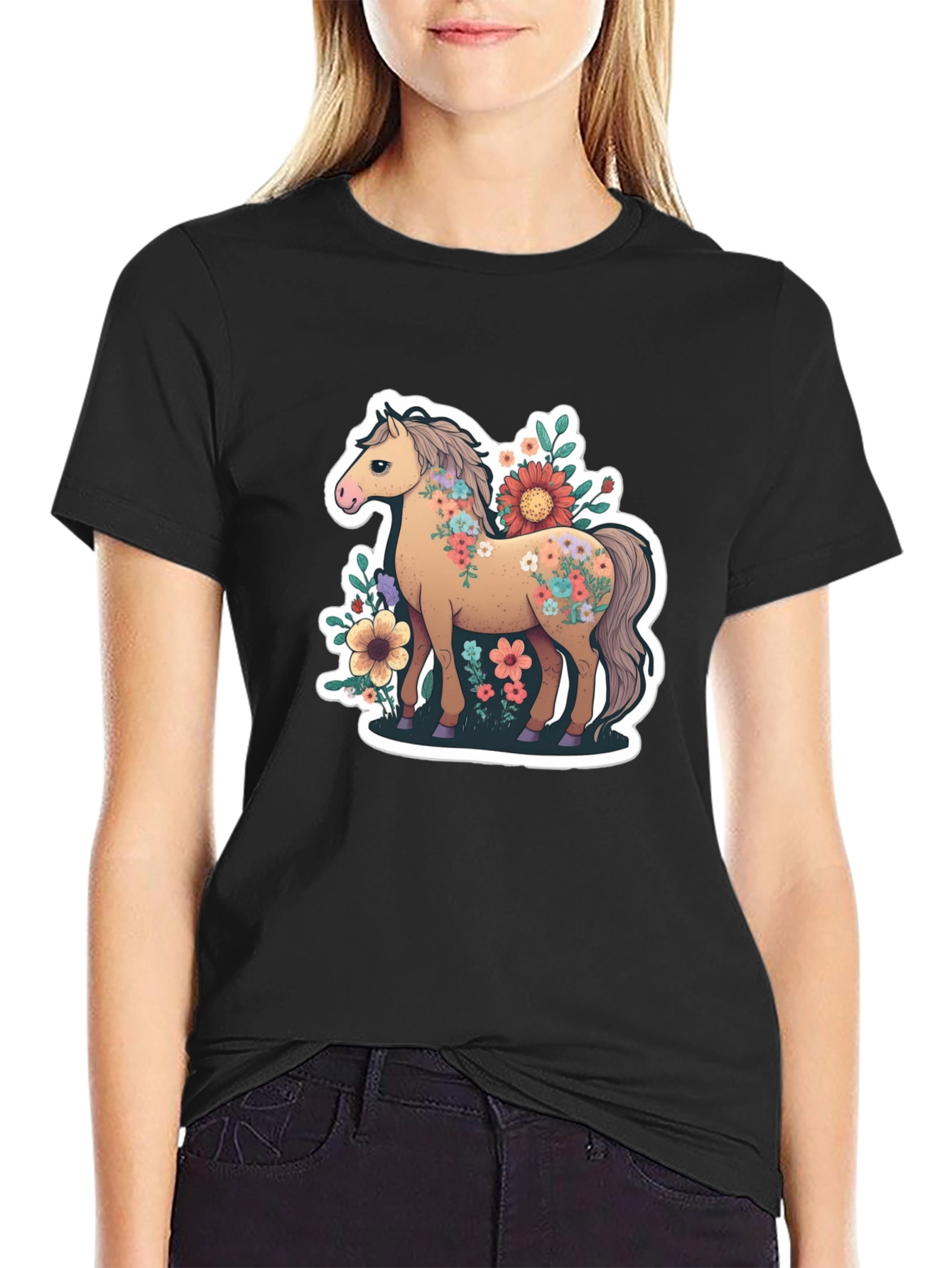 Black Floral Horse Tee - Stylish Graphic T-Shirt view 2
