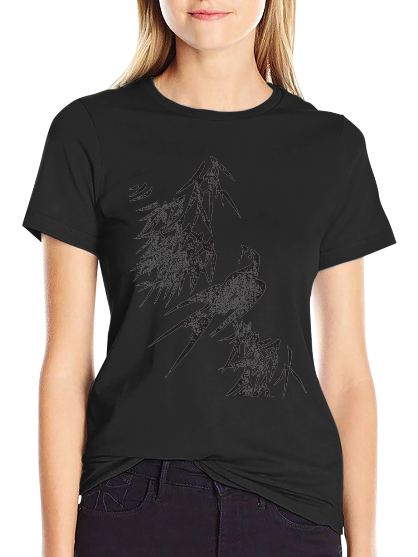 Black Abstract Bird Graphic Black T-Shirt view 2