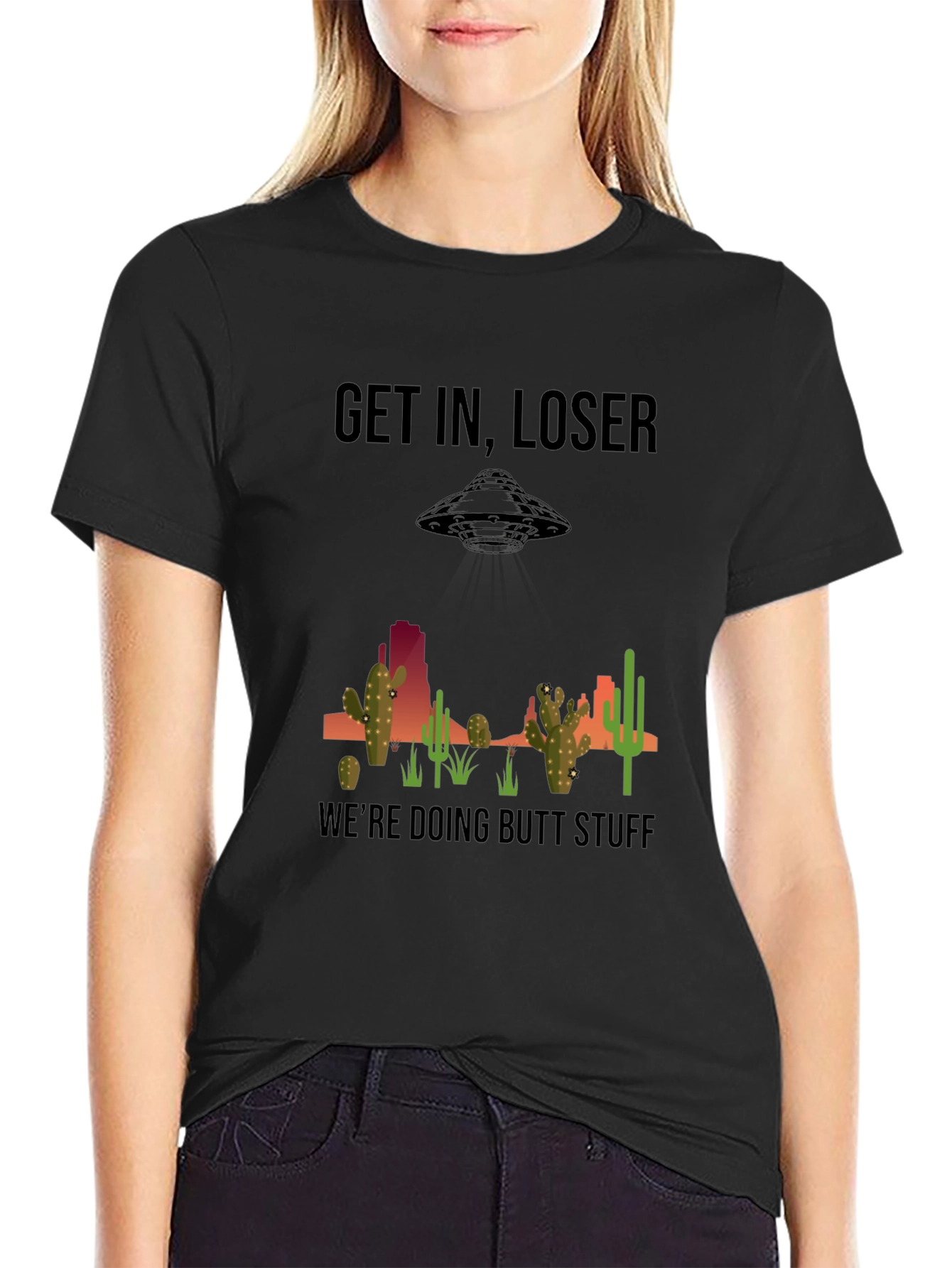 Black Get In Loser T-Shirt - Alien Abduction Humor view 2