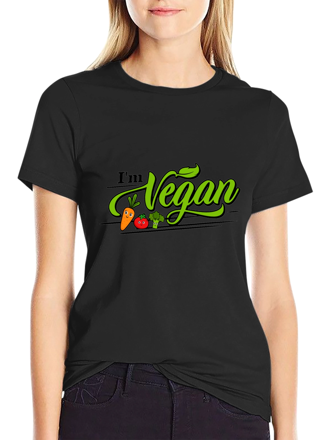 Black I'm Vegan Graphic T-Shirt - Black, Crew Neck view 2