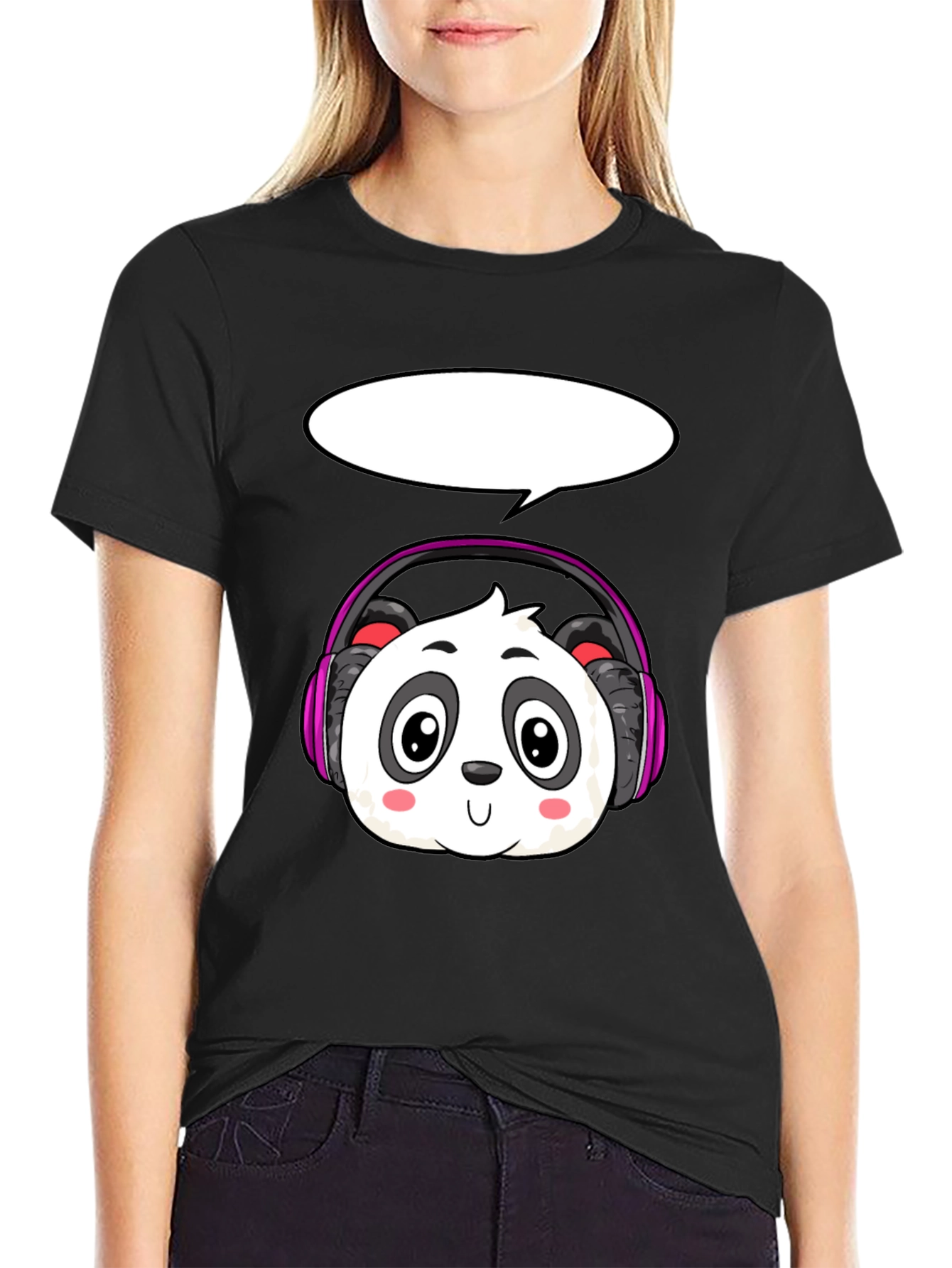 Black Cartoon Panda with Headphones T-Shirt view 2