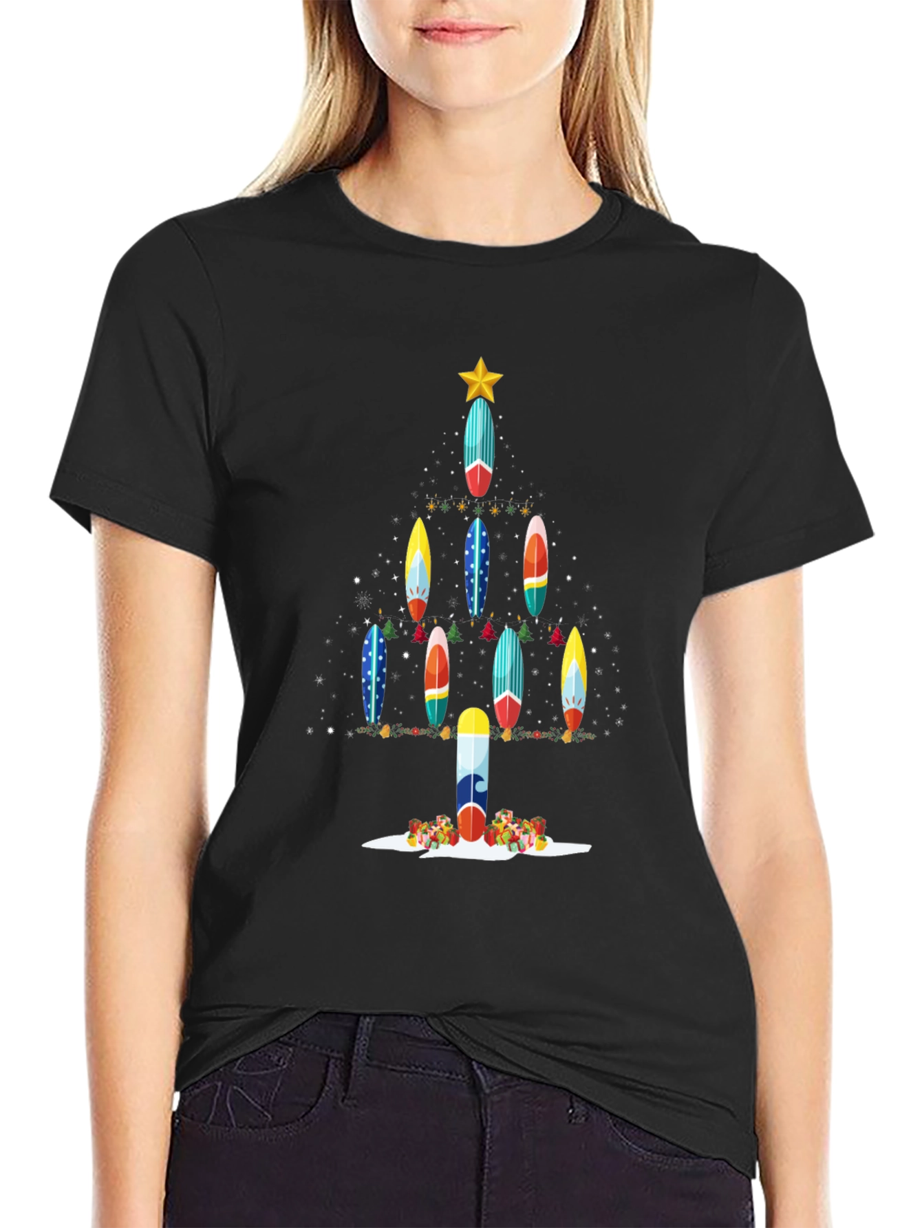 Black Surfboard Christmas Tree T-Shirt view 2
